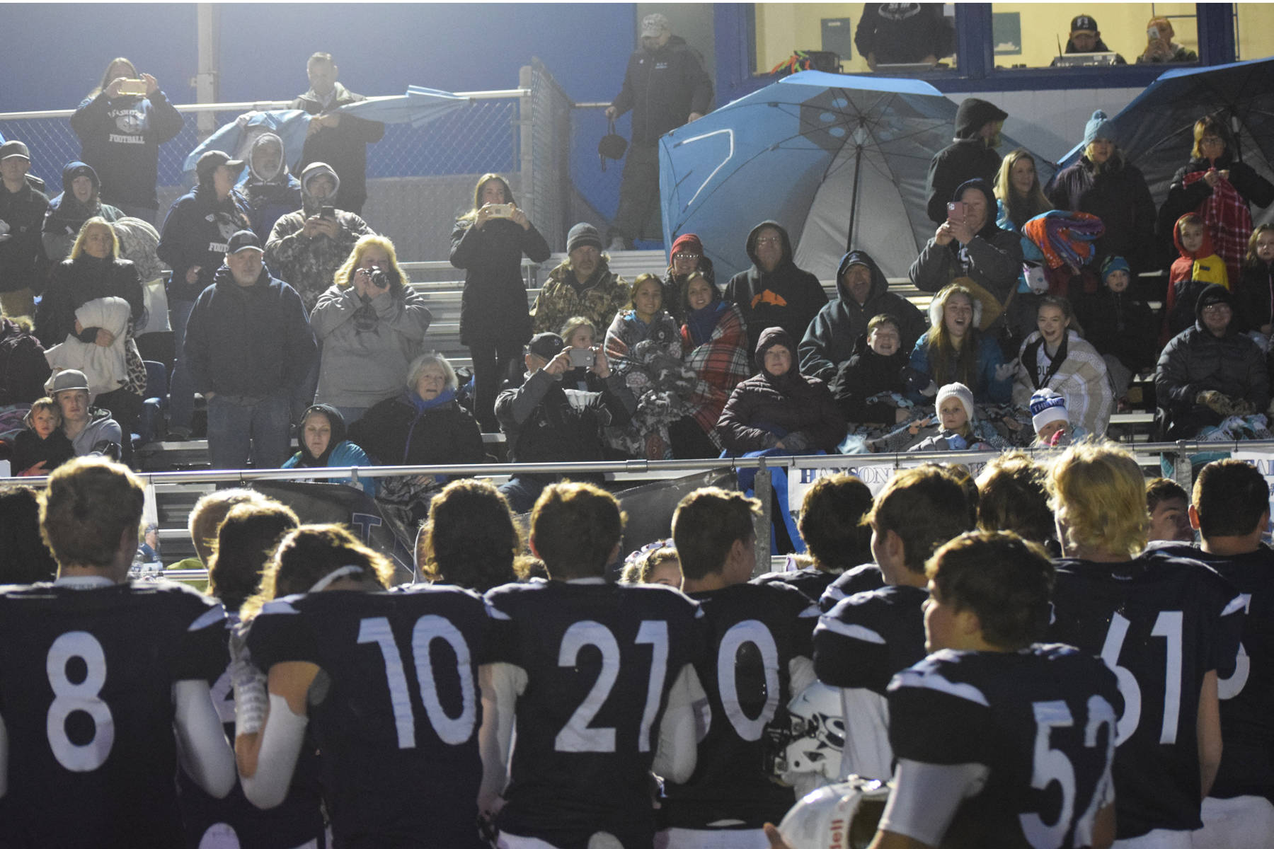 The Soldotna football team leads the home crowd in a chant after a Div. II state semifinal against West Valley Friday, Oct. 11, 2019, in Soldotna, Alaska. (Photo by Joey Klecka/Peninsula Clarion)