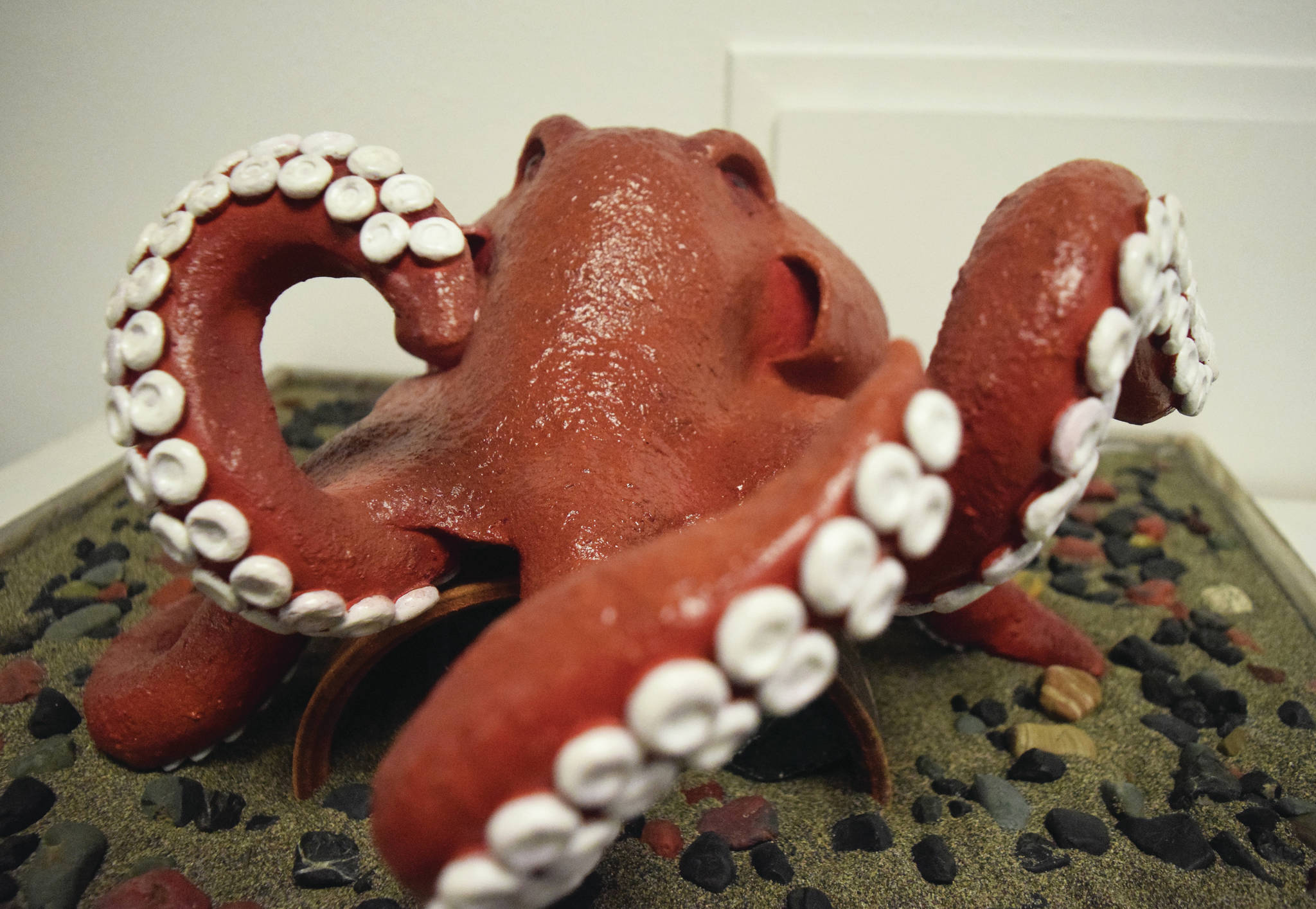 A clay sculpture by Bryan Olds sits on display at the “Clay on Display” exhibit.