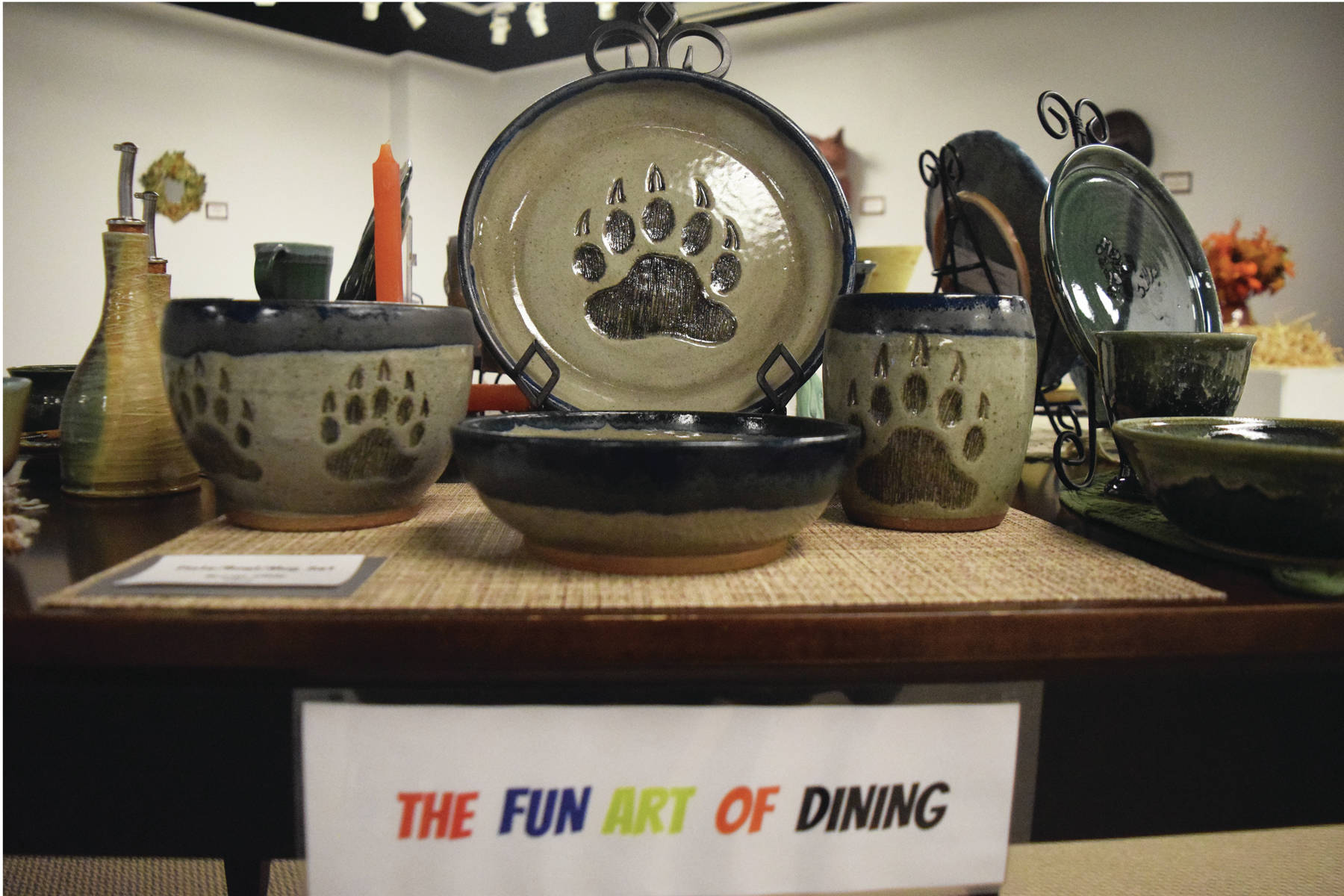A variety of clay kitchenware sits on display at the “Clay on Display” exhibit Oct. 9, 2019, at the Kenai Fine Art Center. (Photo by Joey Klecka/Peninsula Clarion)