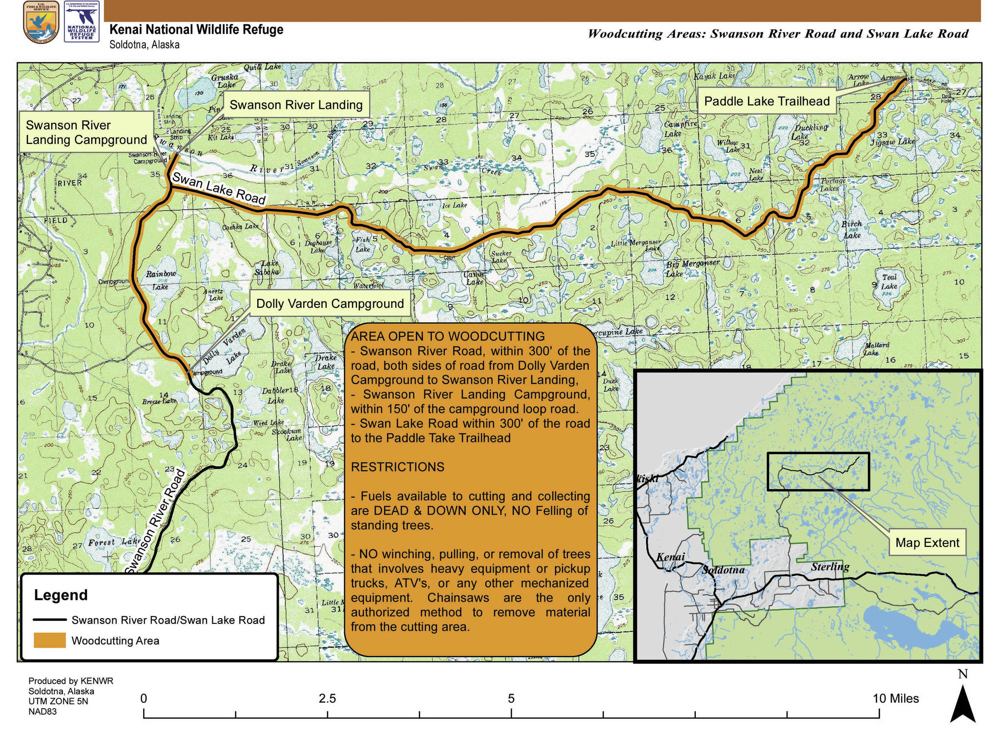 A map shows the Swanson River Road and Swan Lake Road woodcutting areas. (Image courtesy Kenai National Wildlife Refuge)