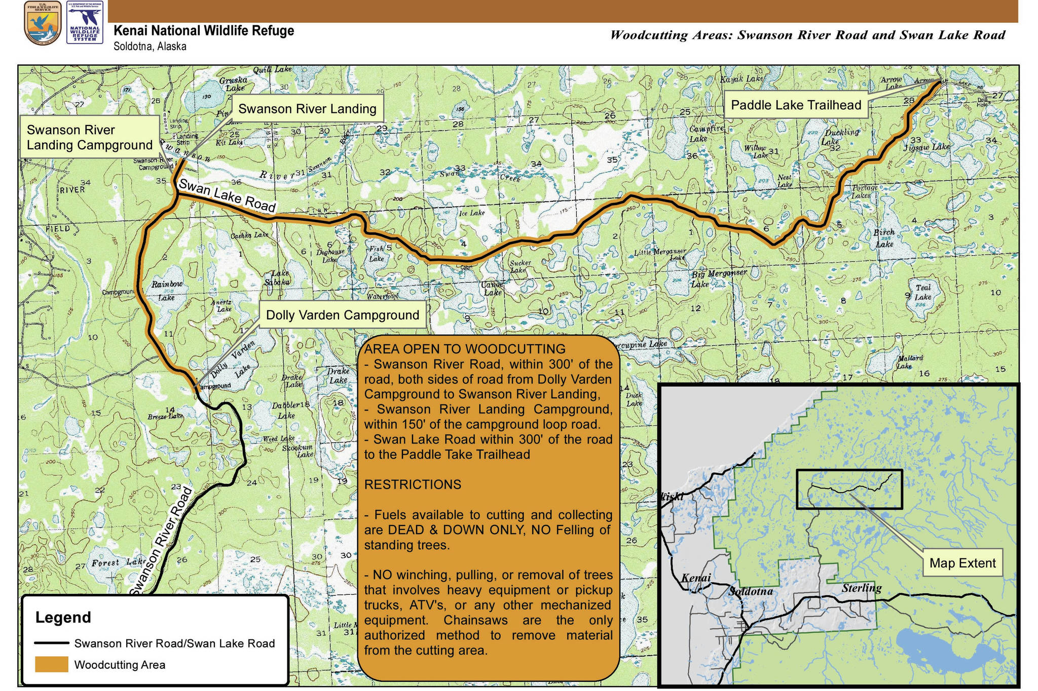 A map shows the Swanson River Road and Swan Lake Road woodcutting areas. (Image courtesy Kenai National Wildlife Refuge)