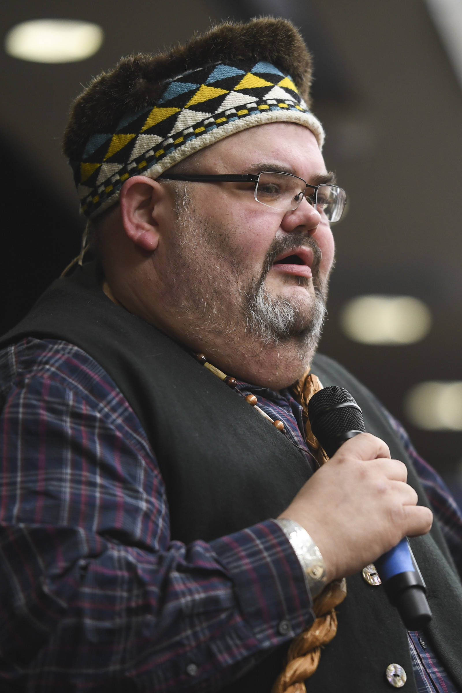 Richard Chalyee Éesh Peterson, President of the Central Council of Tlingit and Haida Indian Tribes of Alaska, speaks during Indigenous Peoples Day at the Elizabeth Peratrovich Hall on Monday, Oct. 14, 2019. (Michael Penn | Juneau Empire)
