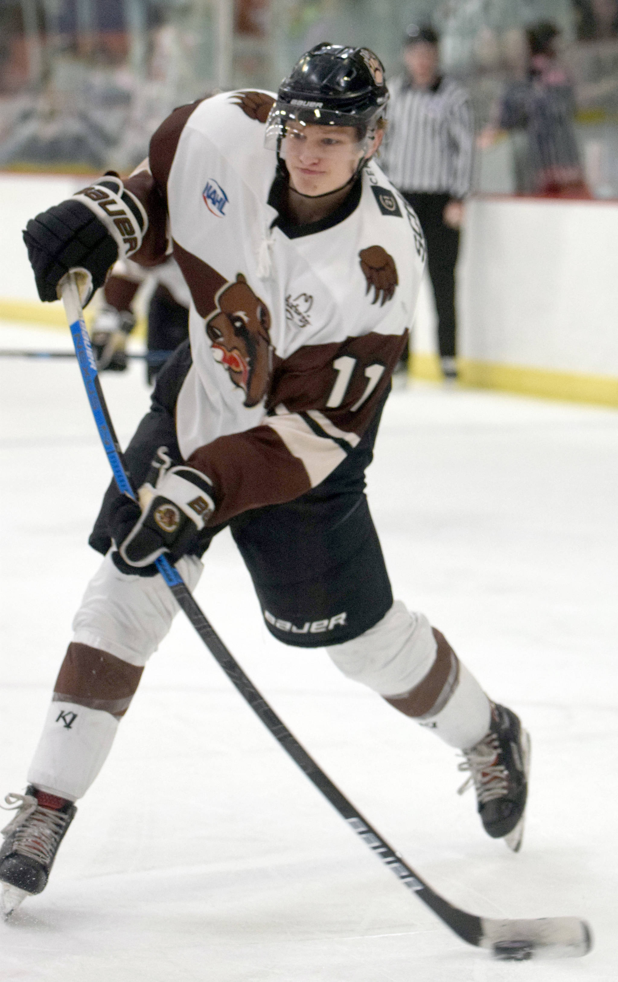 Kenai River Brown Bears forward Porter Schachle takes a shot against the Janesville (Wisconsin) Jets on Sunday, Oct. 13, 2019, at the Soldotna Regional Sports Complex in Soldotna, Alaska. (Photo by Jeff Helminiak/Peninsula Clarion)