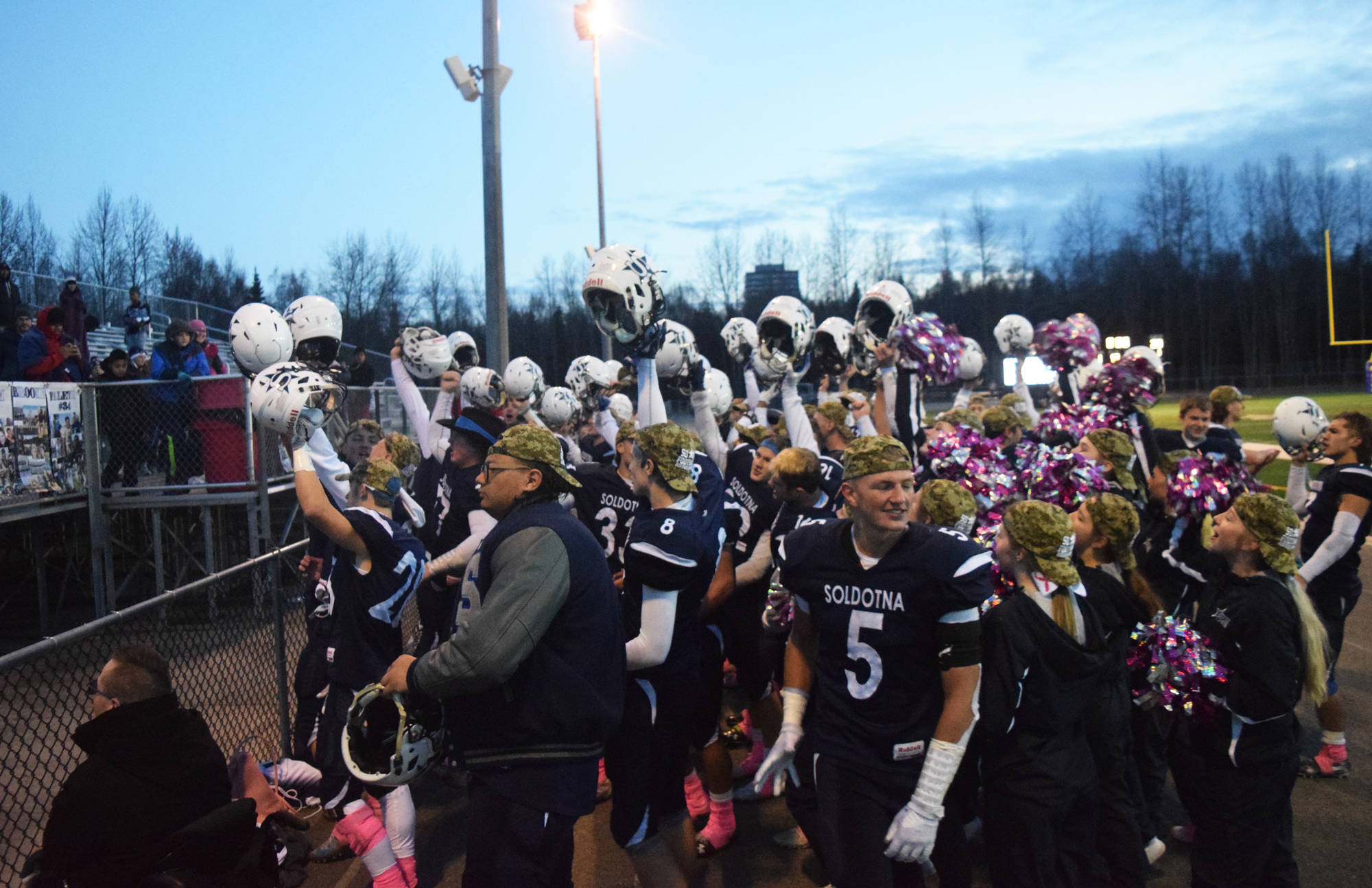 The Soldotna football team celebrates the victory over Lathrop, Saturday, Oct. 19, 2019, at the Div. II state football championship at Anchorage Football Stadium in Anchorage, Alaska. (Photo by Joey Klecka/Peninsula Clarion)