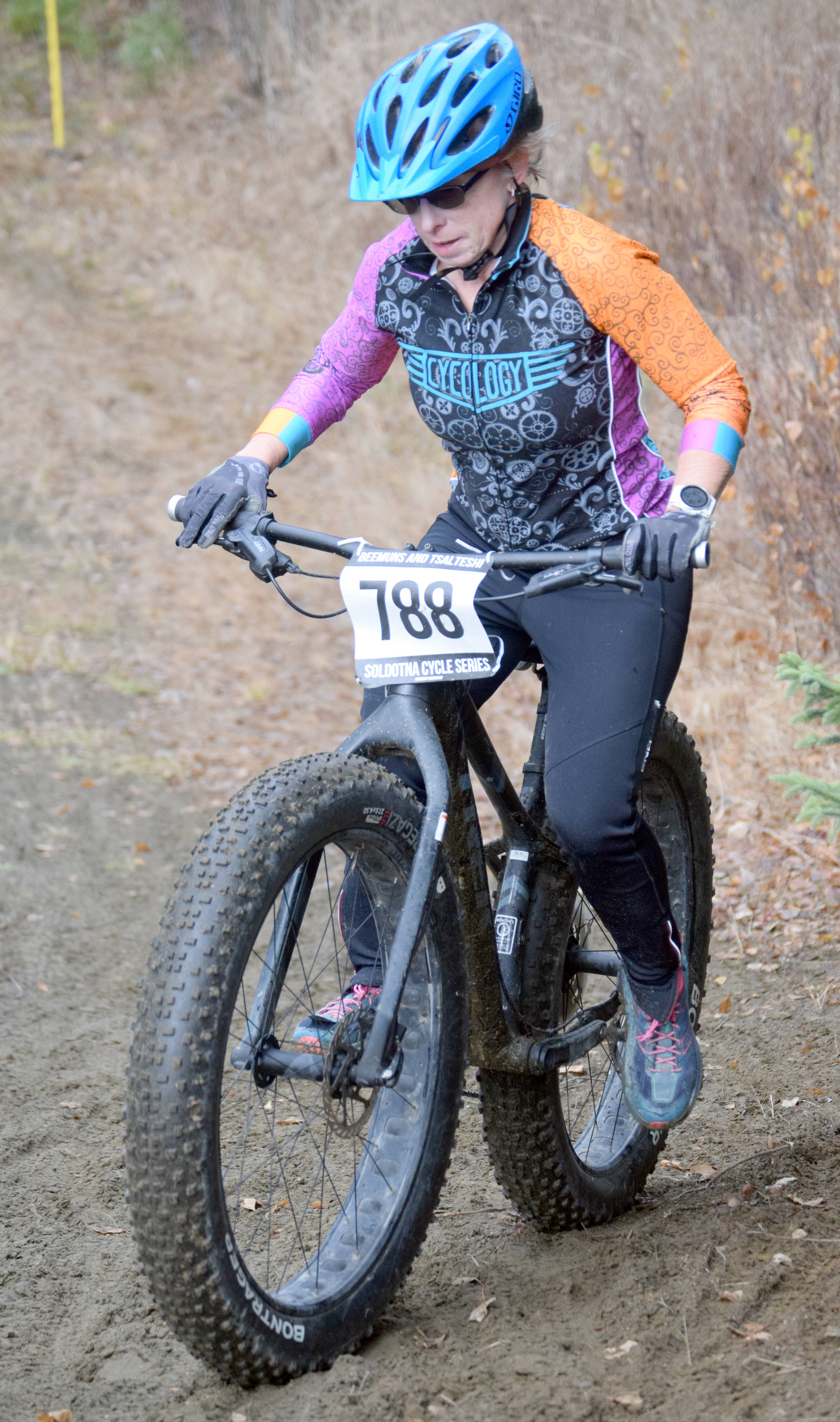 Soldotna’s Patty Moran rides to a state championship in women’s masters 55-plus at the Alaska Cyclocross State Championships on Saturday, Oct. 19, 2019, at Tsalteshi Trails near Soldotna, Alaska. (Photo by Jeff Helminiak/Peninsula Clarion)