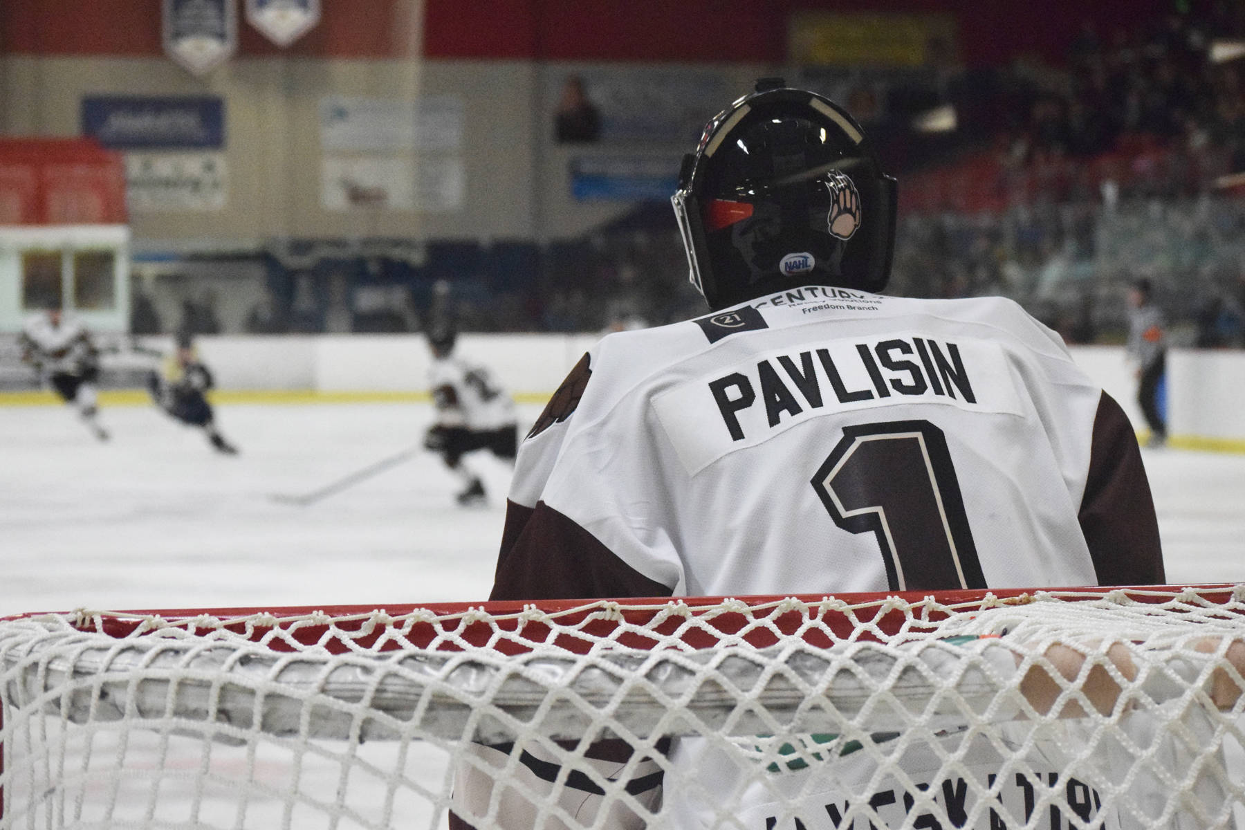 Kenai River Brown Bears goalkeeper Landon Pavlisin keeps an eye on the action during a game against the Janesville Jets, Saturday, Oct. 12, 2019, at the Soldotna Regional Sports Complex in Soldotna, Alaska. (Photo by Joey Klecka/Peninsula Clarion)