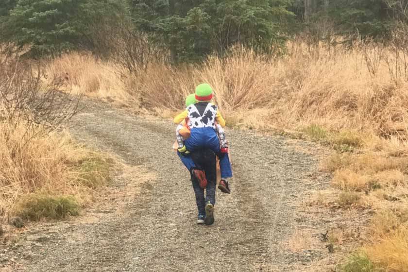A pair of participants move up the trail during the 5K Costume Run on Oct. 19, 2019, near the Nikiski Community Recreation Center in Nikiski, Alaska. (Photo provided by Jackie Cason/North Peninsula Recreation)