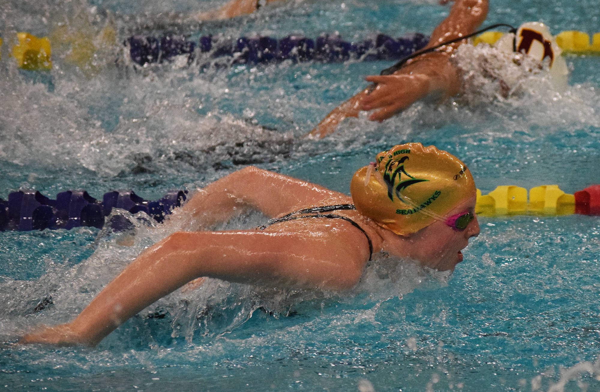 Seward’s Lydia Jacoby races in the girls 200-yard IM final Nov. 3, 2018, at the 2018 ASAA swimming and diving state championships at Bartlett High School. (Photo by Joey Klecka/Peninsula Clarion)