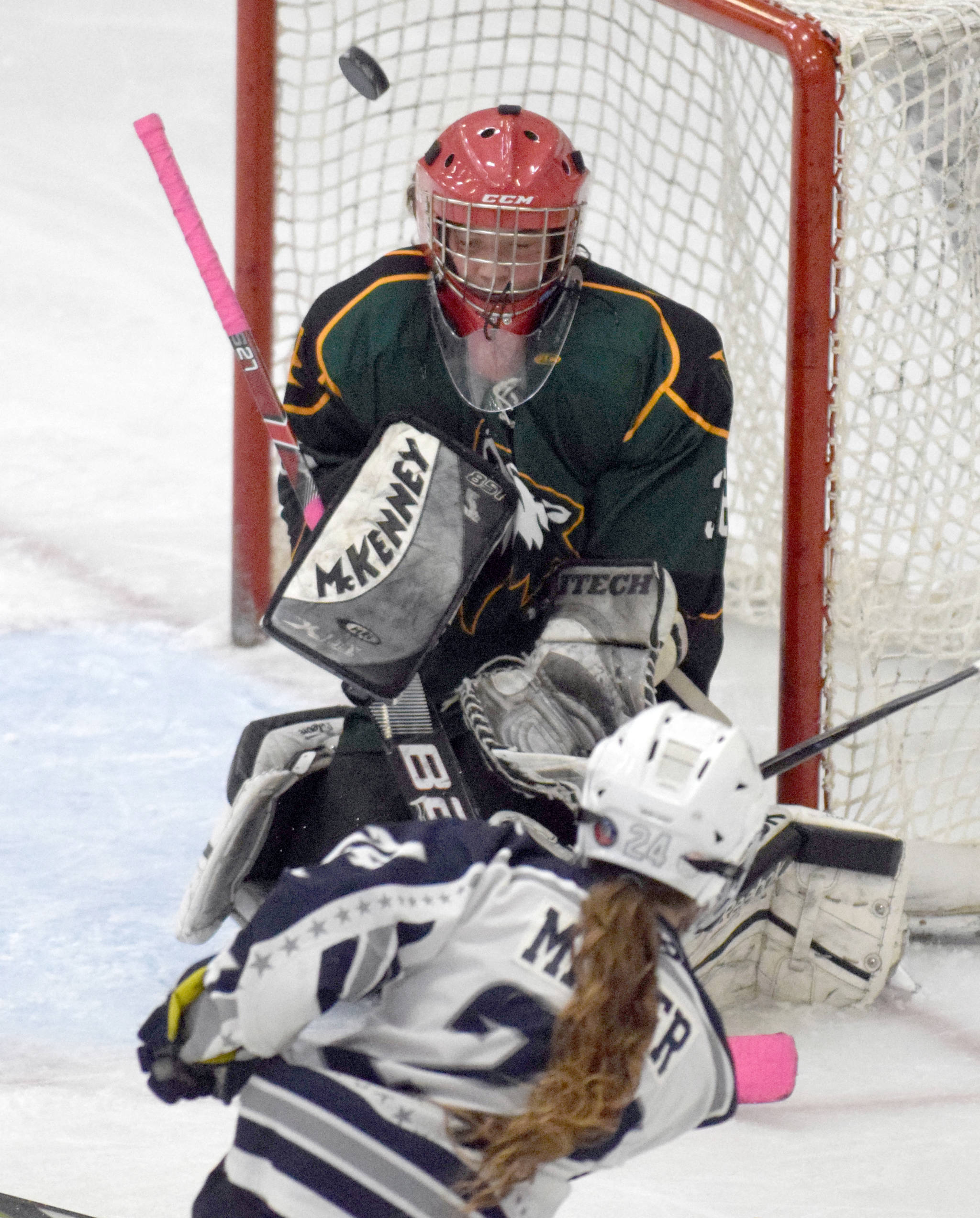 Soldotna’s Journey Miller scores on Delta Junction goalie Greg Hanson on Friday, Nov. 1, 2019, at the Soldotna Regional Sports Complex in Soldotna, Alaska. (Photo by Jeff Helminiak/Peninsula Clarion)