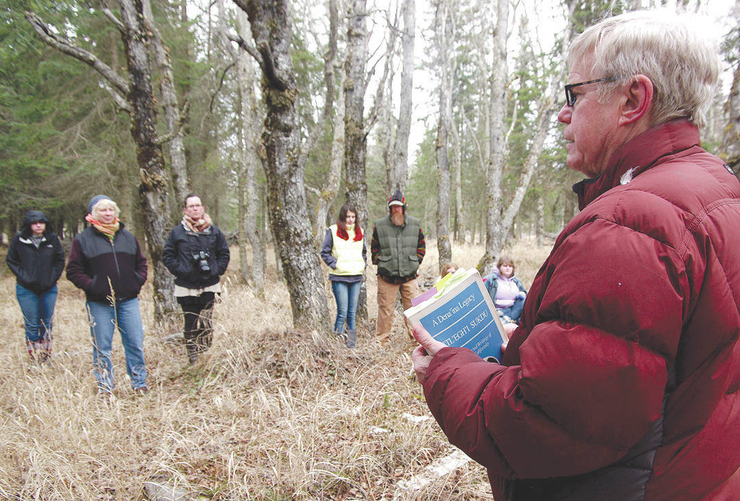Photo courtesy of Jenny Neyman                                 Dr. Alan Boraas leads a tour of Kalifornsky Village, a former Native settlement, in April 2014. Boraas was a professor of anthropology at Kenai Peninsula College, an honorary member of the Kenaitze Indian Tribe and the driving force behind the creation, maintenance and expansion of the Tsalteshi Ski Trails.