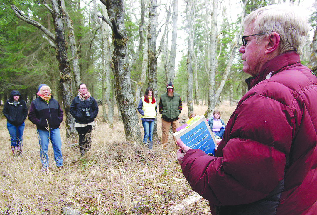 Dr. Alan Boraas leads a tour of Kalifornsky Village, a former Native settlement, in April 2014. Boraas was a professor of anthropology at Kenai Peninsula College, an honorary member of the Kenaitze Indian Tribe and the driving force behind the creation, maintenance and expansion of the Tsalteshi Ski Trails. (Photo courtesy of Jenny Neyman)