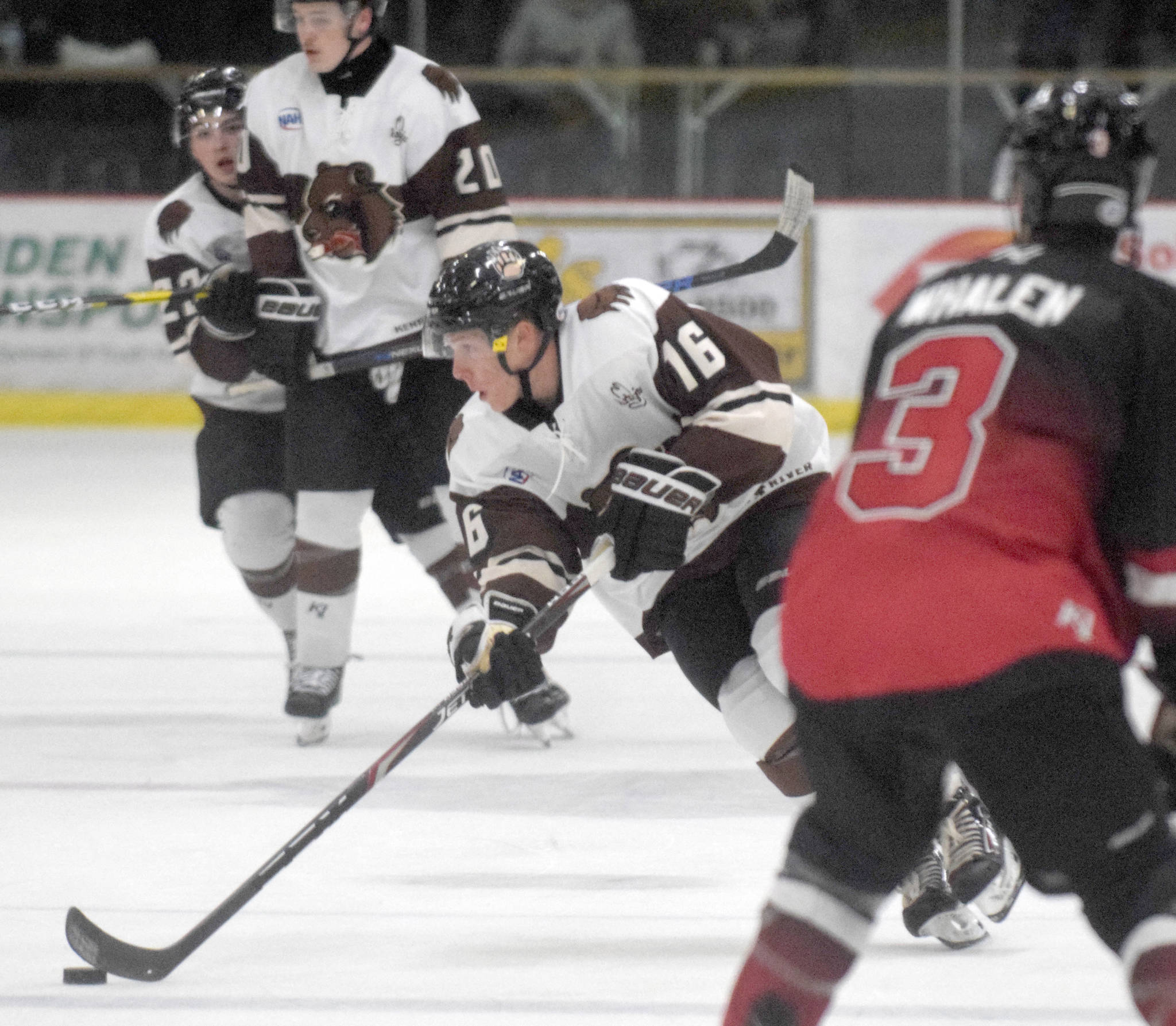 Kenai River Brown Bears forward Theo Thrun brings the puck up the ice on Friday, Oct. 18, 2019, against the Minnesota Magicians at the Soldotna Regional Sports Complex in Soldotna, Alaska. (Photo by Jeff Helminiak/Peninsula Clarion)