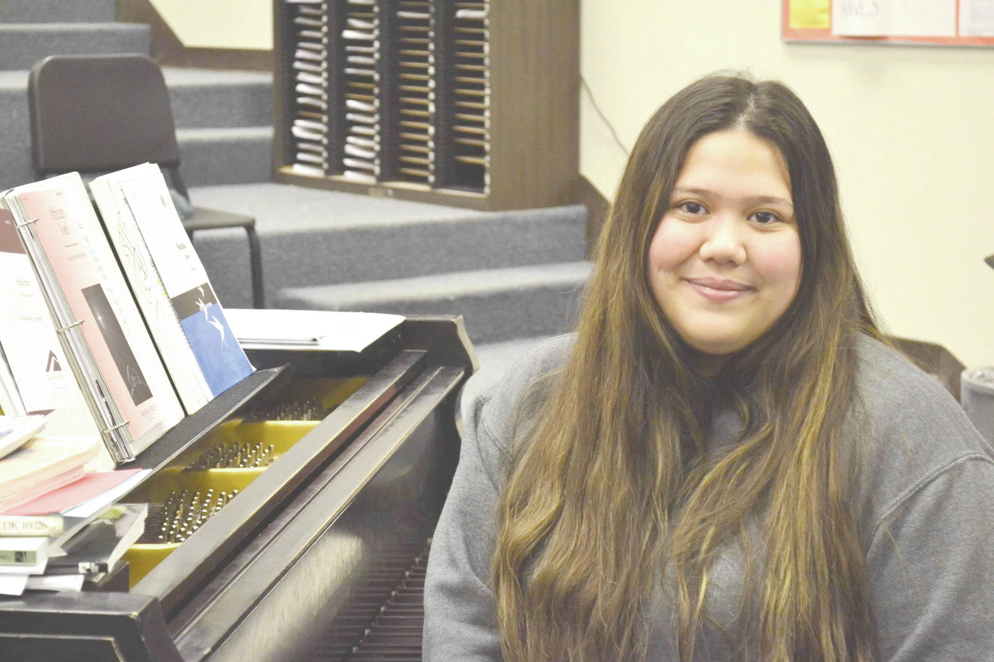 Victoria Petersen / Peninsula Clarion                                Rowan Vasquez, a senior at Soldotna High School, is pictured Tuesday in Soldotna. Vasquez will be representing the Kenai Peninsula when she attends the National Association for Music Education 2019 All-National Honor Ensemble in Florida this week.