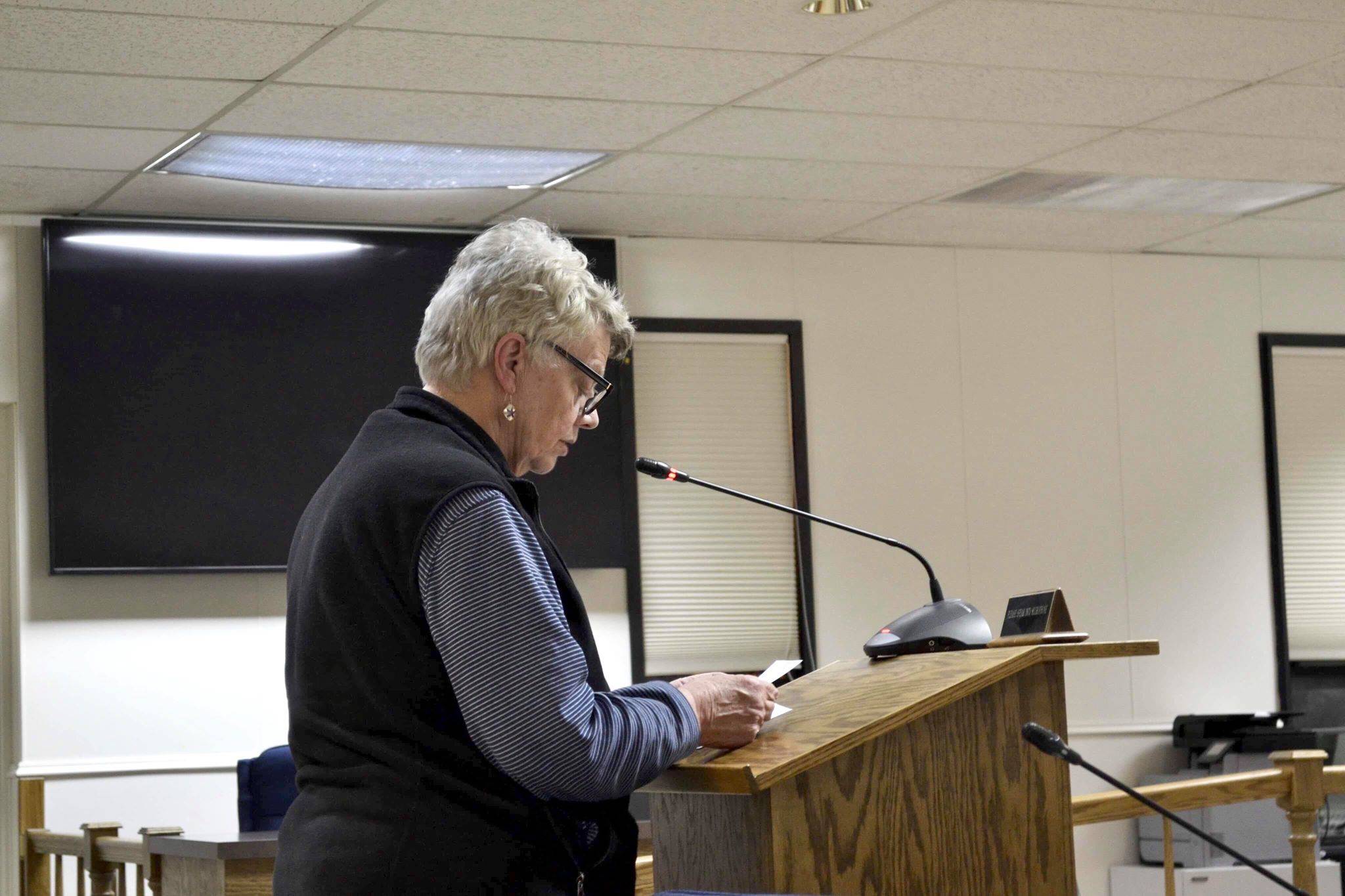 Peggy Mullen, who has lived in the Soldotna area for over 70 years, speaks to the Kenai Peninsula Borough Assembly in support of the borough’s 2019 Comprehensive Plan and its inclusion of climate change mitigation policies and strategies, on Tuesday,, in Soldotna . (Photo by Victoria Petersen/Peninsula Clarion)