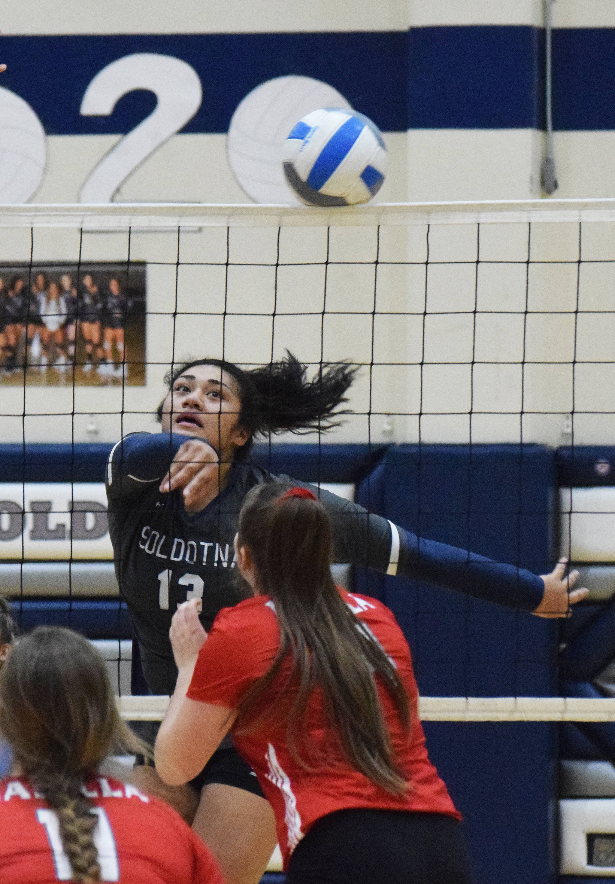 Soldotna’s Ituau Tuisaula sends a shot over the net Thursday, Nov. 7, 2019, against Wasilla at the Northern Lights Conference tournament at Soldotna High School in Soldotna, Alaska. (Photo by Joey Klecka/Peninsula Clarion)