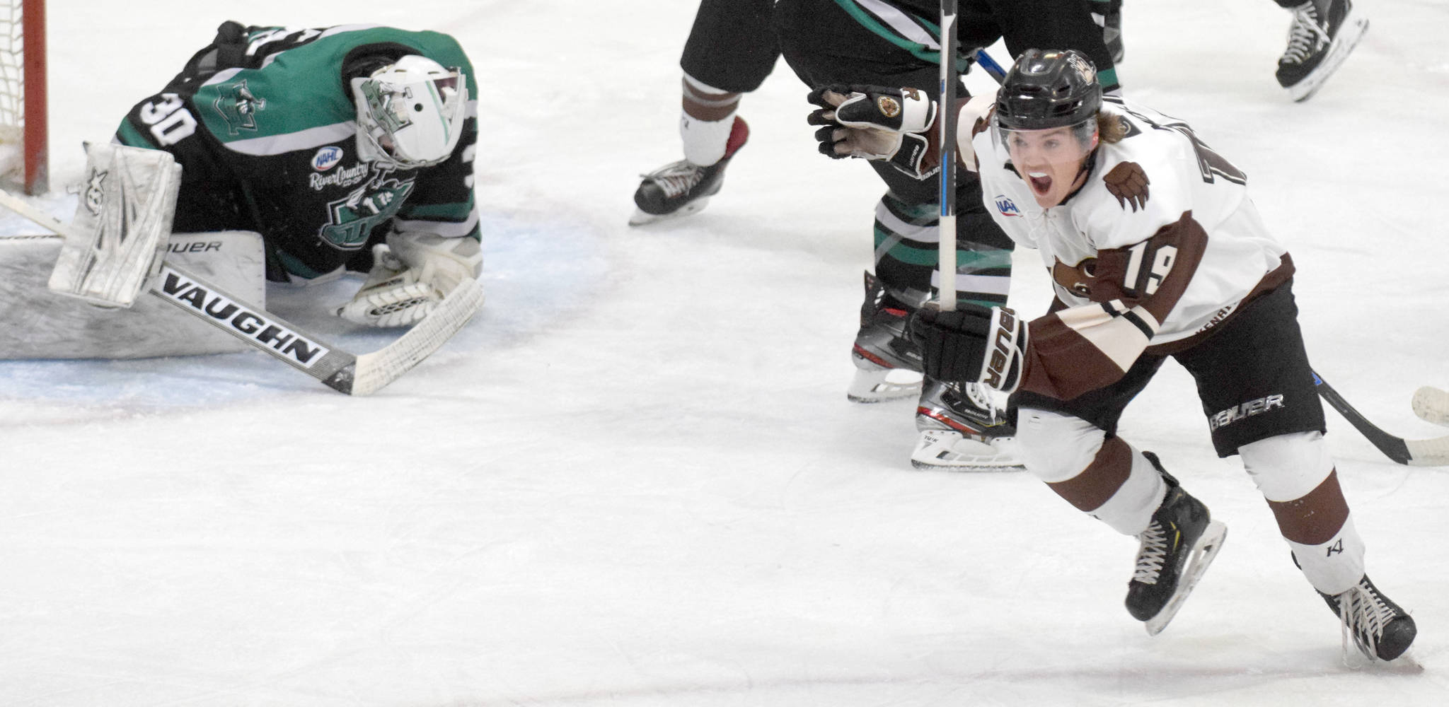 Kenai River Brown Bears forward Cody Moline celebrates his goal in the first period against the Chippewa (Wisconsin) Steel on Friday at the Soldotna Regional Sports Complex in Soldotna. (Photo by Jeff Helminiak/Peninsula Clarion)