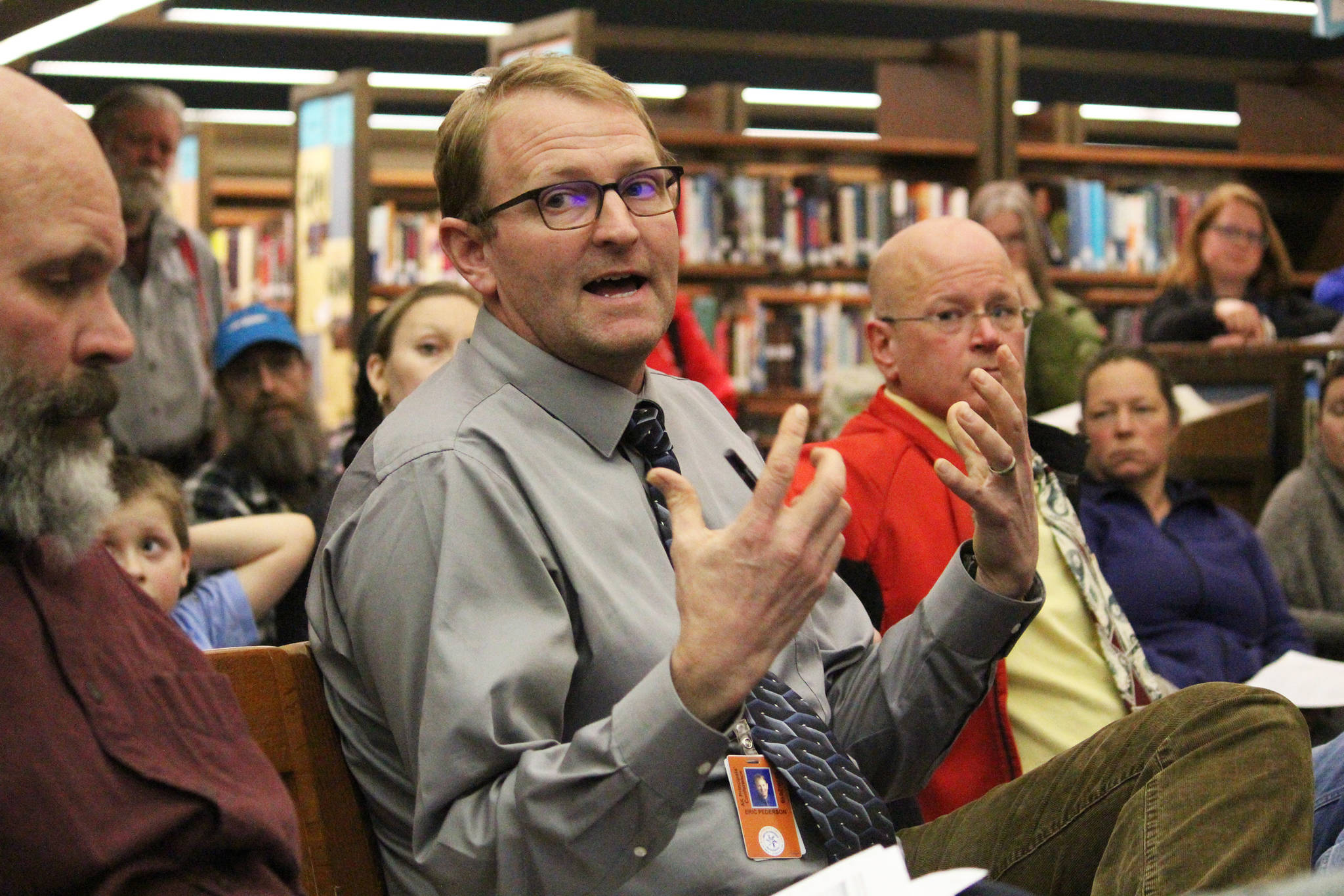 Eric Pedersen, principal of Paul Banks Elementary School, speaks during a budget meeting hosted by the Kenai Peninsula Borough School District on Tuesday, Feb. 19, 2019 at Homer High School in Homer, Alaska. (Photo by Megan Pacer/Homer News)