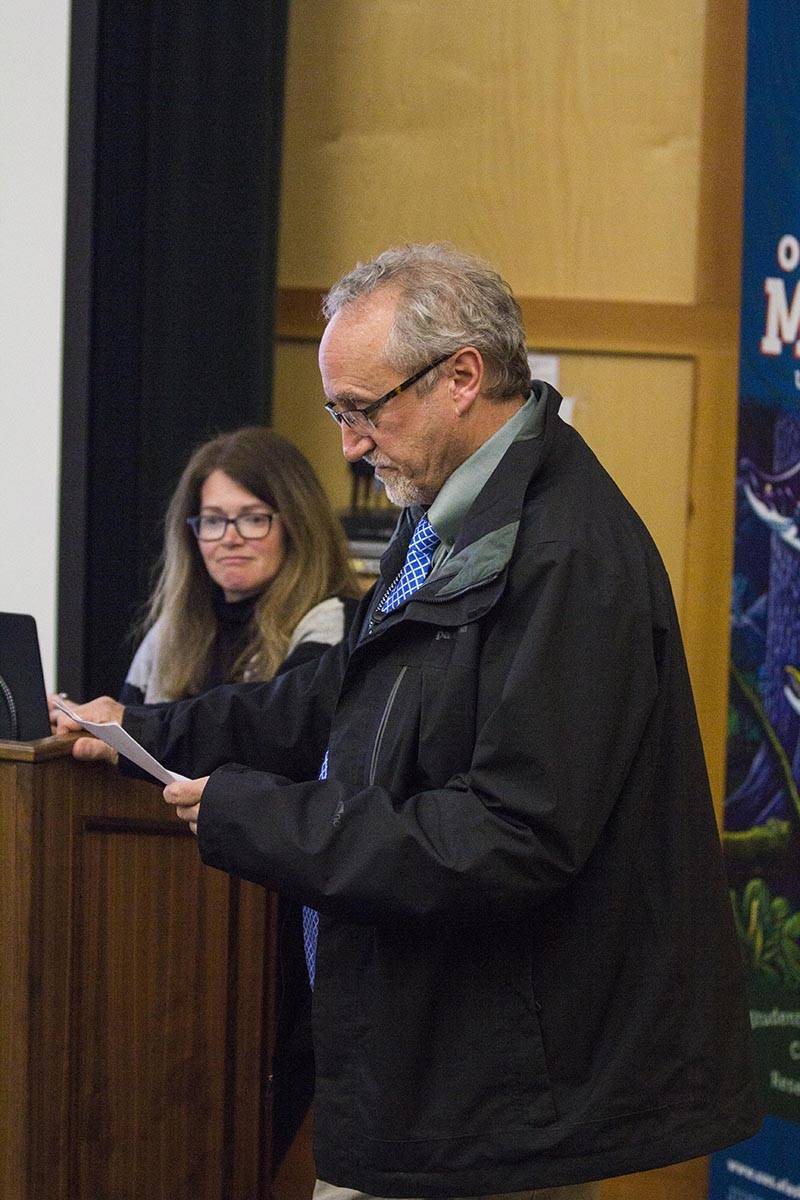 Alaska Department of Fish and Game commissioner Doug Vincent-Lang gives public comment during a hearing held by NOAA on proposed whale habitats being created in the coastal waters of the West Coast at University of Alaska Southeast on Thursday, Nov. 7, 2019. (Michael S. Lockett | Juneau Empire)