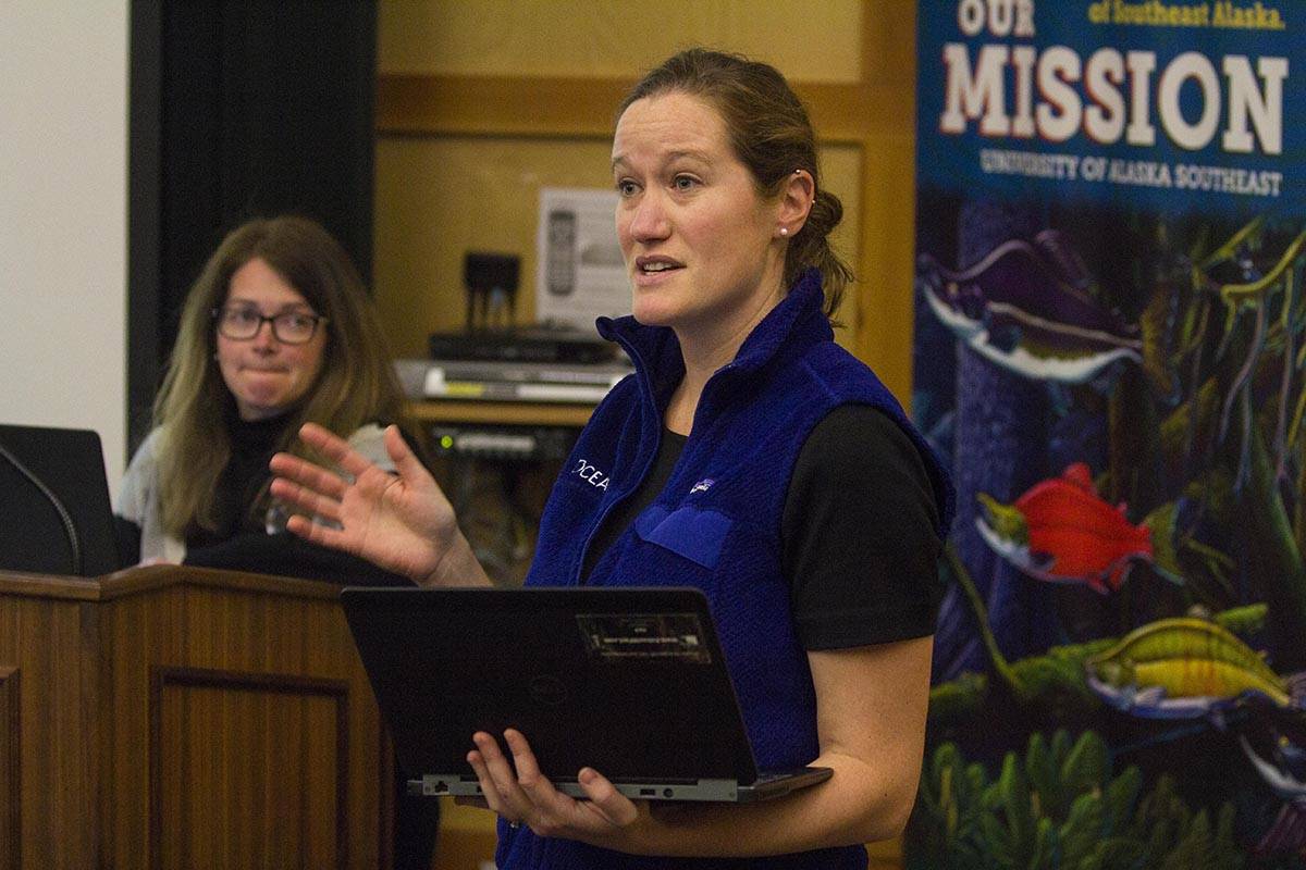 Marine scientist Molly Zaleski gives public comment during a hearing held by NOAA on proposed whale habitats being created in the coastal waters of the West Coast at University of Alaska Southeast on Thursday, Nov. 7, 2019. (Michael S. Lockett | Juneau Empire)