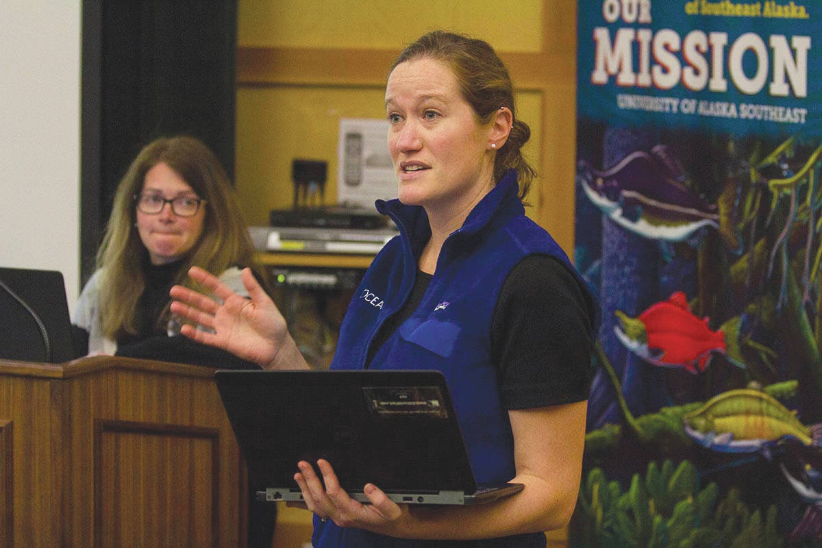 Marine scientist Molly Zaleski gives public comment during a hearing held by NOAA on proposed whale habitats being created in the coastal waters of the West Coast at University of Alaska Southeast on Thursday. (Michael S. Lockett | Juneau Empire)