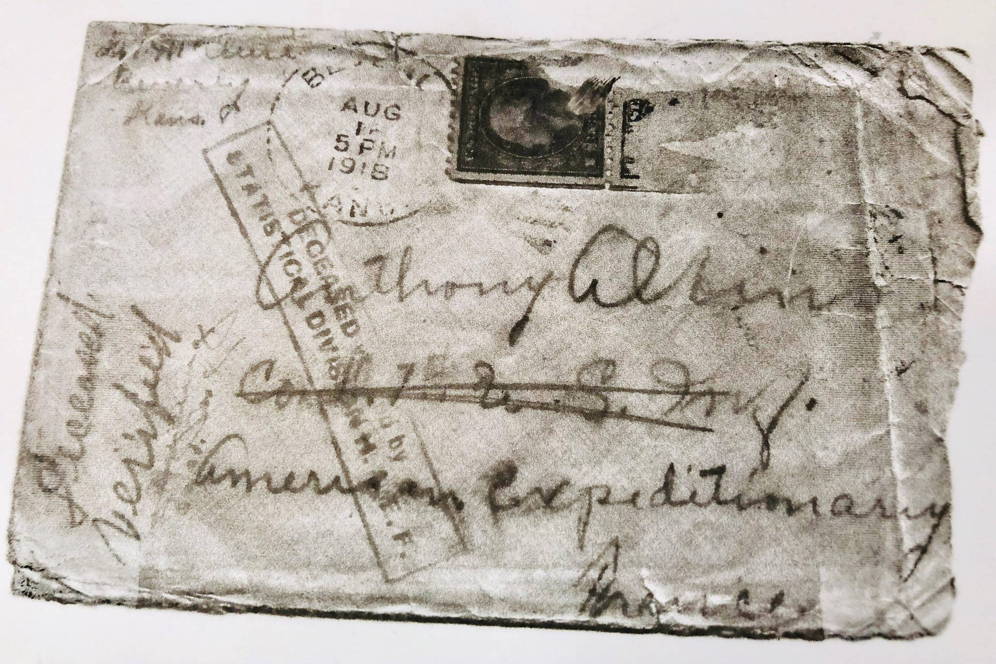 The envelope to a letter to a soldier in France during World War I is seen here. The letter was discovered among family archives. (Photo courtesy Ann Berg)