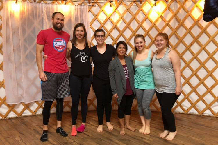 Participants in 2018s Startup Week gather at the Yoga Yurt in this undated photo. (Photo courtesy Pamela Parker)