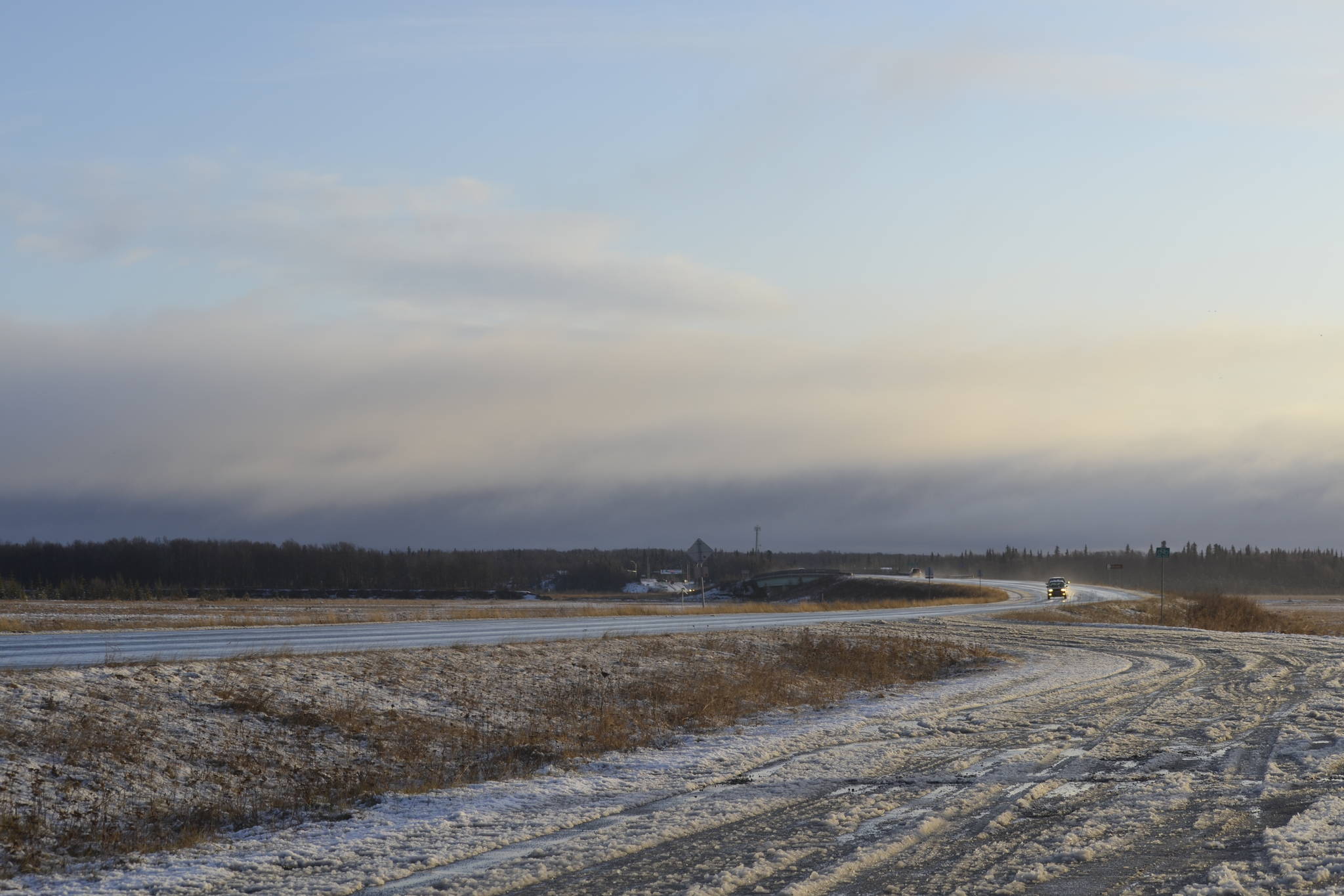 Bridge Access Road was wet and snowless by Thursday afternoon after being covered in snow from an early morning snowfall, on Thursday, Nov. 14, 2019, in Kenai, Alaska. (Photo by Victoria Petersen/Peninsula Clarion)