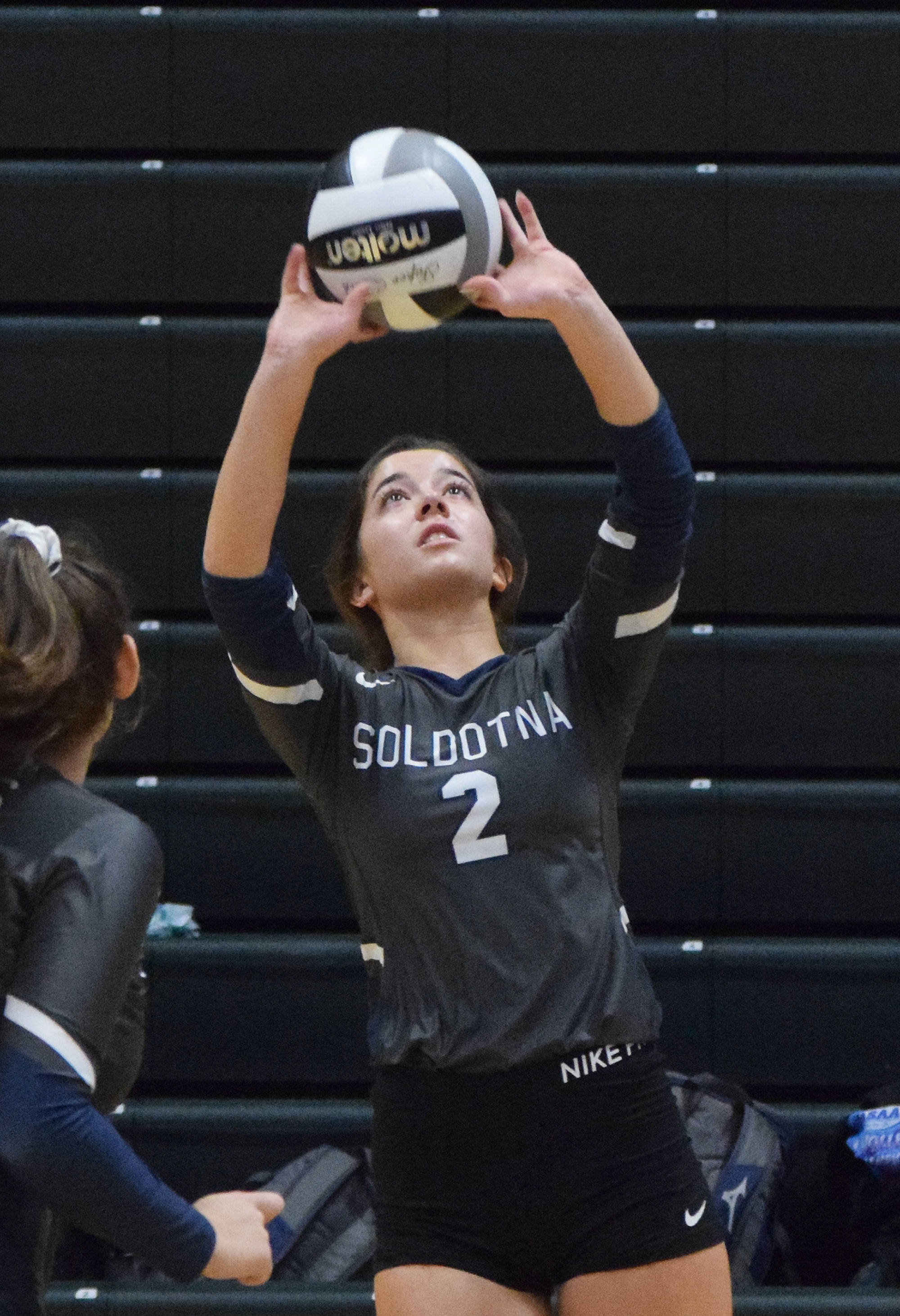 Soldotna junior Sierra Kuntz sets up a shot against Bartlett, Friday, Nov. 15, 2019, at the Class 4A state volleyball tournament at the Alaska Airlines Center in Anchorage, Alaska. (Photo by Joey Klecka/Peninsula Clarion)