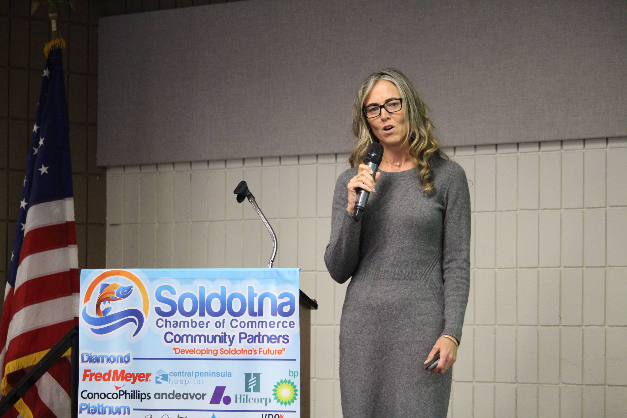 Dr. Kelly Olson, Associate Director of Clinical Affairs for Millennium Health, gives a presentation to the Kenai and Soldotna Chambers of Commerce at the Soldotna Regional Sports Complex on Wednesday, Nov. 13, 2019. (Photo by Brian Mazurek/Peninsula Clarion)