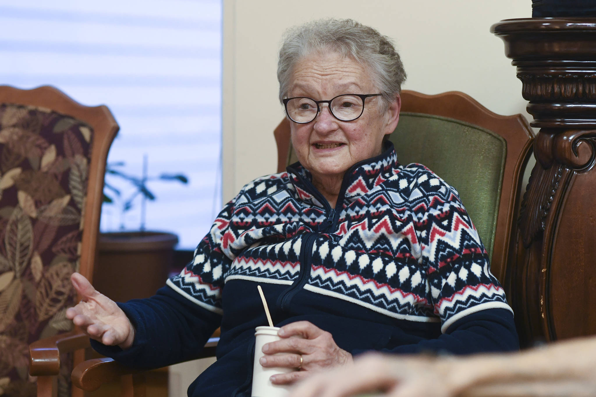 Katie Hursh speaks about being a resident at the Juneau Pioneer Home on Thursday, Nov. 14, 2019. She and her husband have lived in the home for four years. (Michael Penn | Juneau Empire)