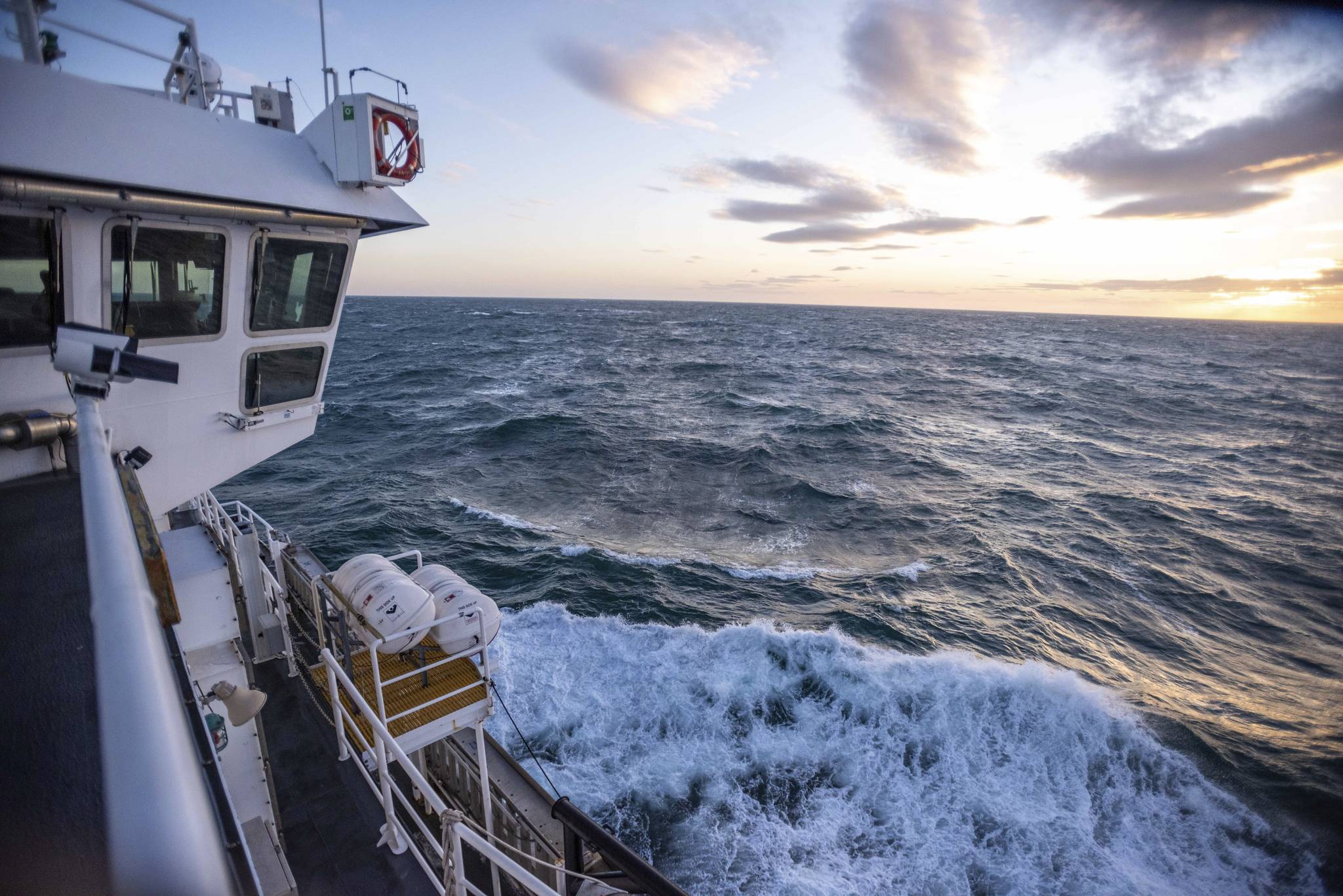 This Nov. 8, 2019, photo provided by John Guillote shows the Chukchi Sea from the top deck of the research vessel the Sikuliaq. University of Washington scientists onboard the research vessel are studying the changes and how less sea ice will affect coastlines, which already are vulnerable to erosion because increased waves delivered by storms. More erosion would increase the chance of winter flooding in villages and danger to hunters in small boats. (John Guillote via AP)