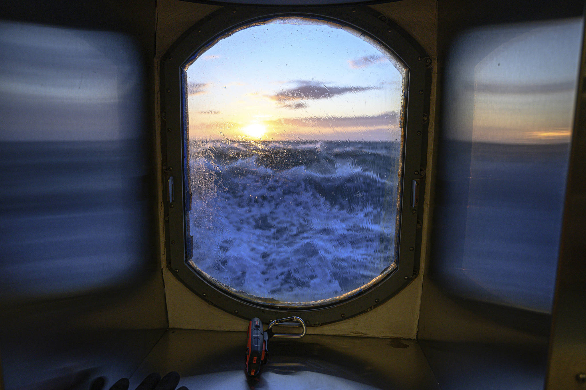 This Nov. 8, 2019, photo provided by John Guillote shows a view from the main lab of the Sikuliaq in the Chukchi Sea. University of Washington scientists onboard the research vessel are studying the changes and how less sea ice will affect coastlines, which already are vulnerable to erosion because increased waves delivered by storms. More erosion would increase the chance of winter flooding in villages and danger to hunters in small boats. (John Guillote via AP)