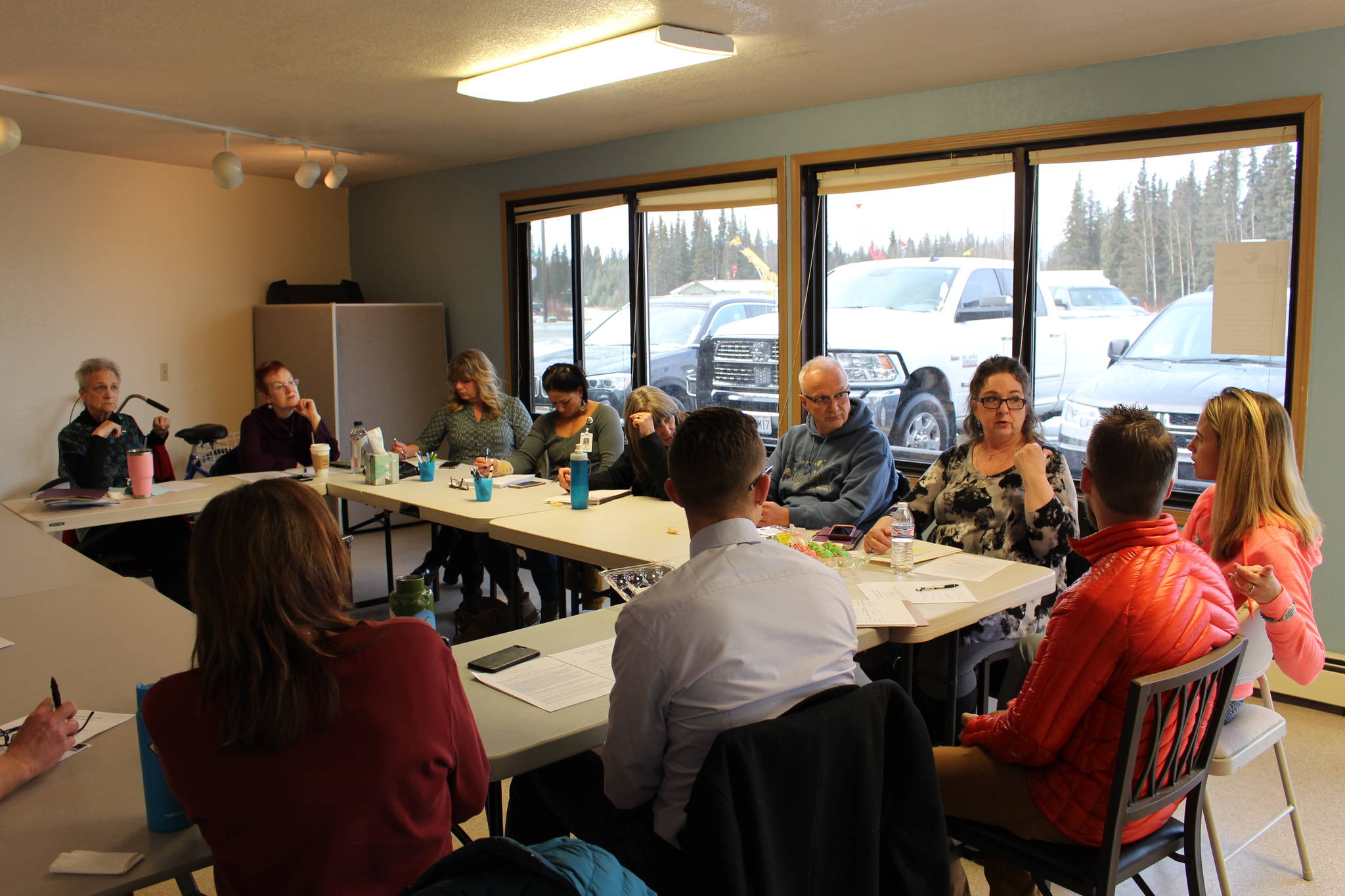 Members of a shelter development workgroup meet at the Independent Living Center in Soldotna, Alaska, to discuss the establishment of an emergency cold-weather shelter on the peninsula on Tuesday, Nov. 19, 2019. (Photo by Brian Mazurek/Peninsula Clarion)