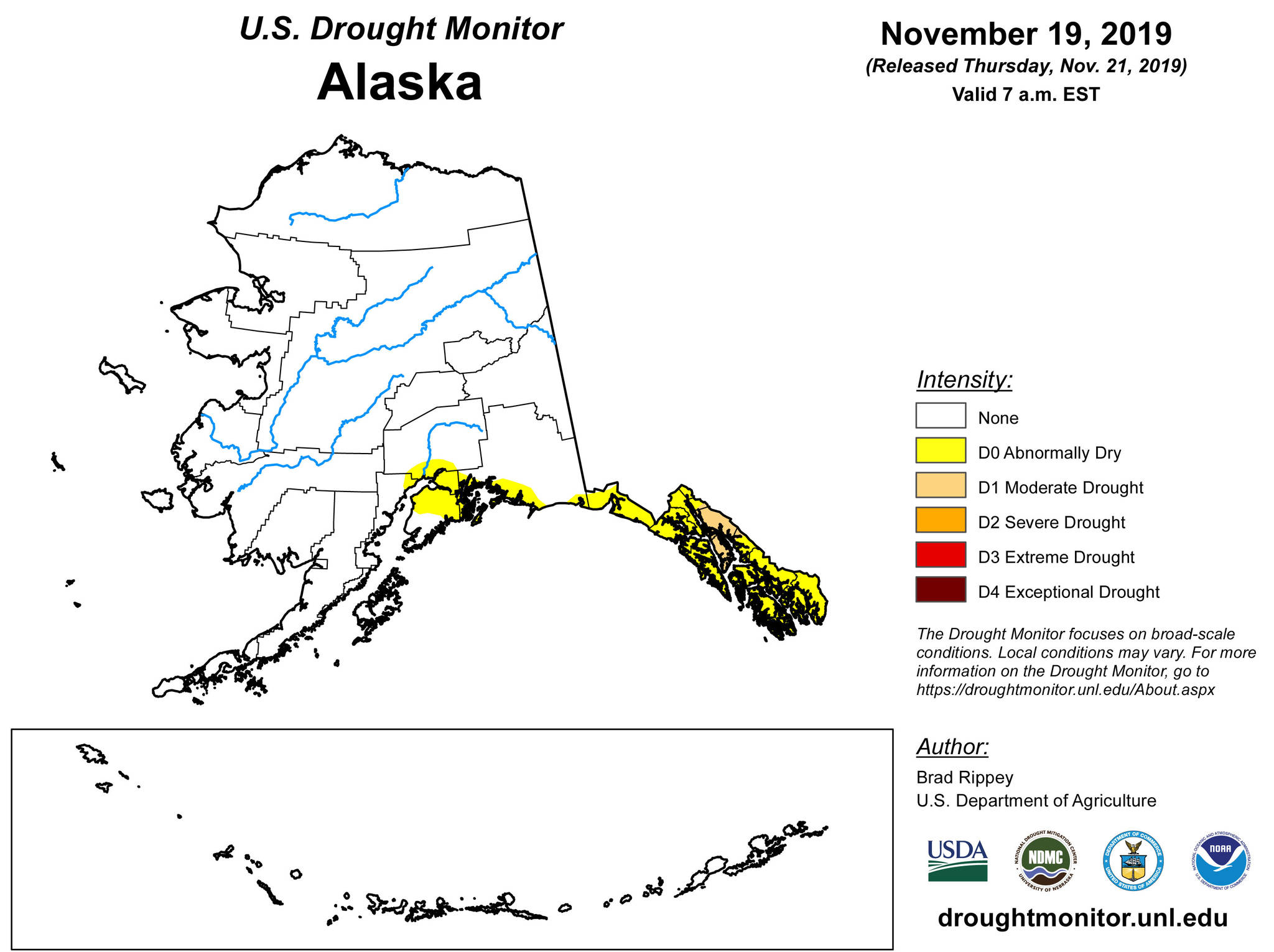 A map released Thursday, Nov. 21, 2019, shows Alaska drought conditions. (Image via United State Drought Monitor)