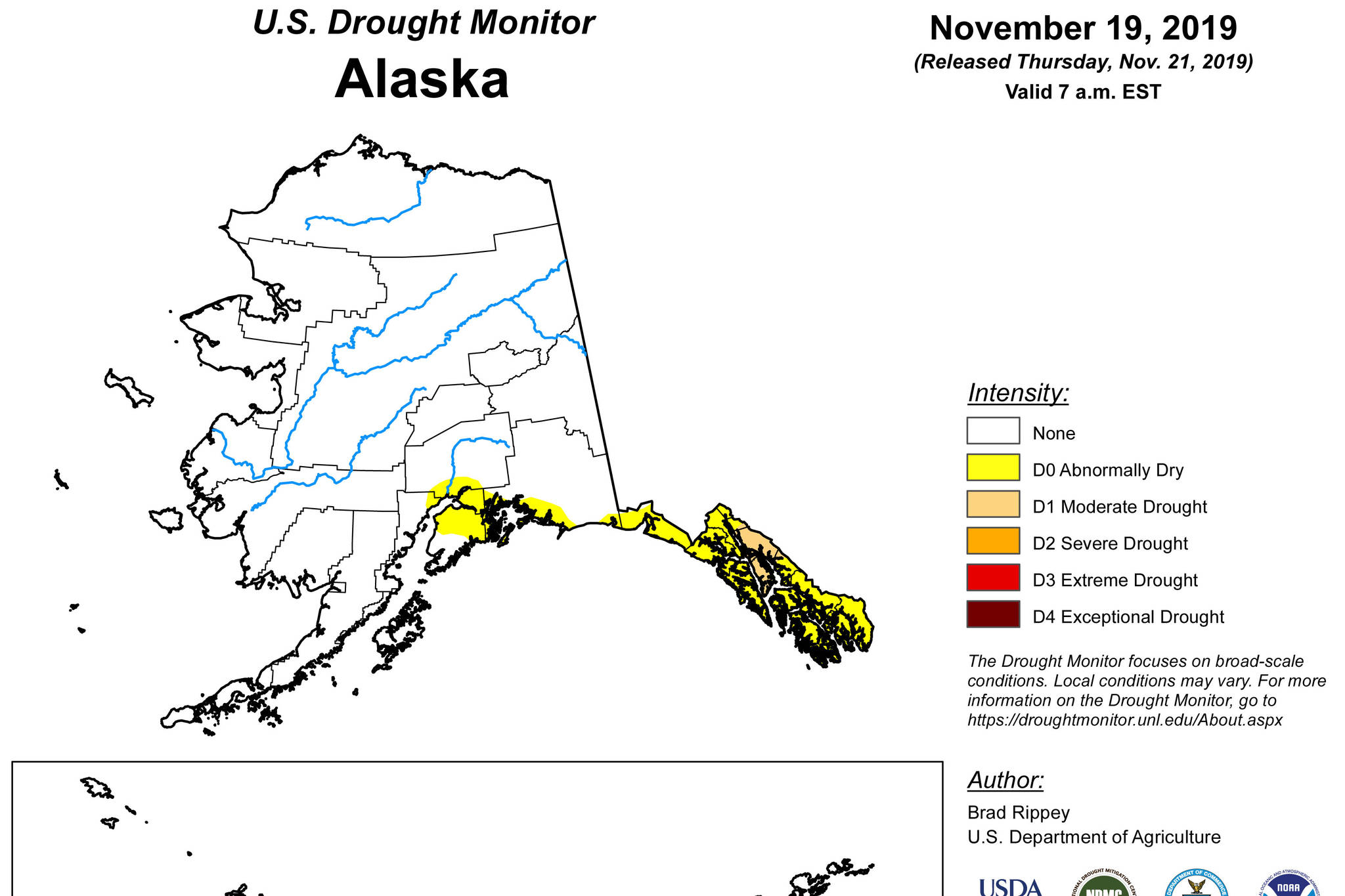 A map released Thursday, Nov. 21, 2019, shows Alaska drought conditions. (Image via United State Drought Monitor)