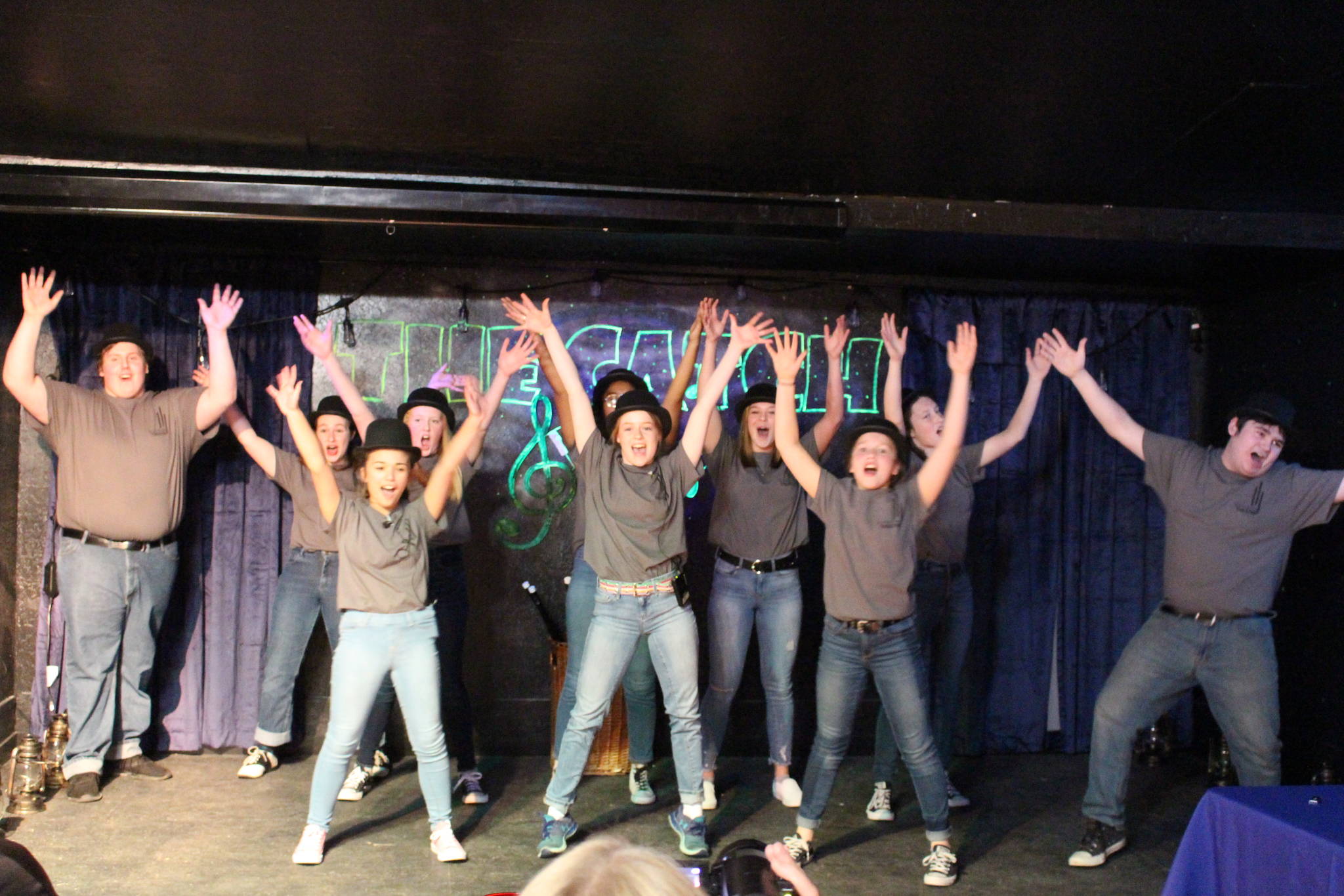 The Class Act Drama Troupe gives an intermission performance during the Spark Soldotna competition at the Catch Restaurant in Soldotna, Alaska, on Friday, Nov. 22, 2019. (Photo by Brian Mazurek/Peninsula Clarion)