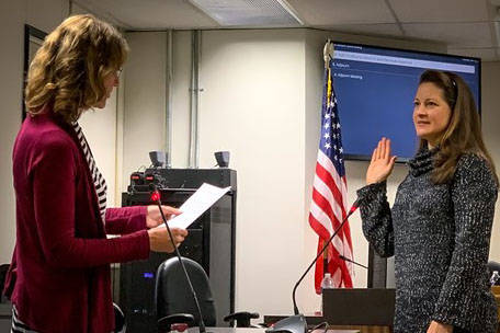 Virginia Morgan takes the Oath of Office to serve District 6 representing Cooper Landing, Hope, Moose Pass, and Seward schools on Tuesday, Nov. 26, 2019. (Photo courtesy Pegge Erkeneff/Kenai Peninsula Borough School District)