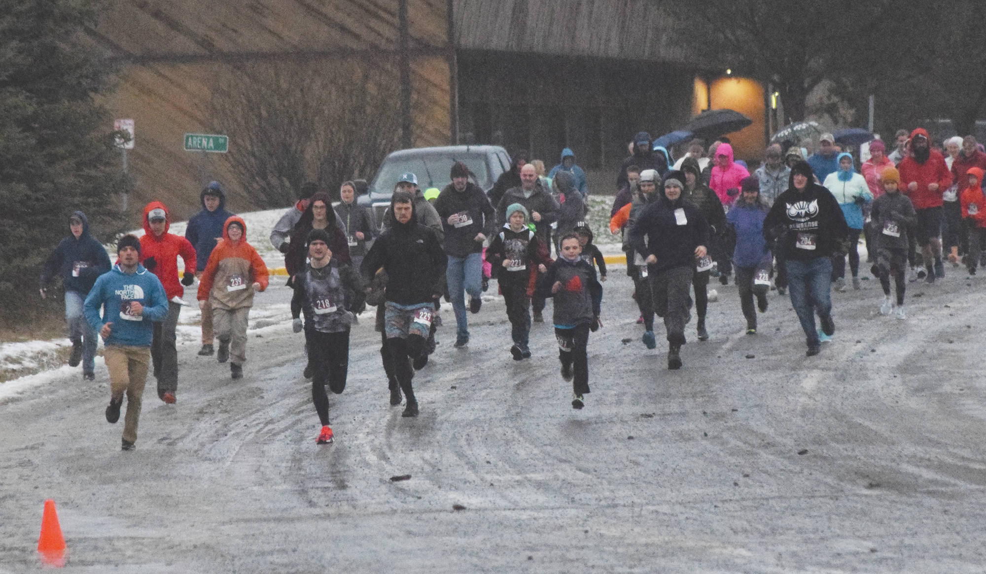 The field of runners take off Thursday, Nov. 28, 2019, at the Turkey Trot in Soldotna, Alaska. (Photo by Joey Klecka/Peninsula Clarion)