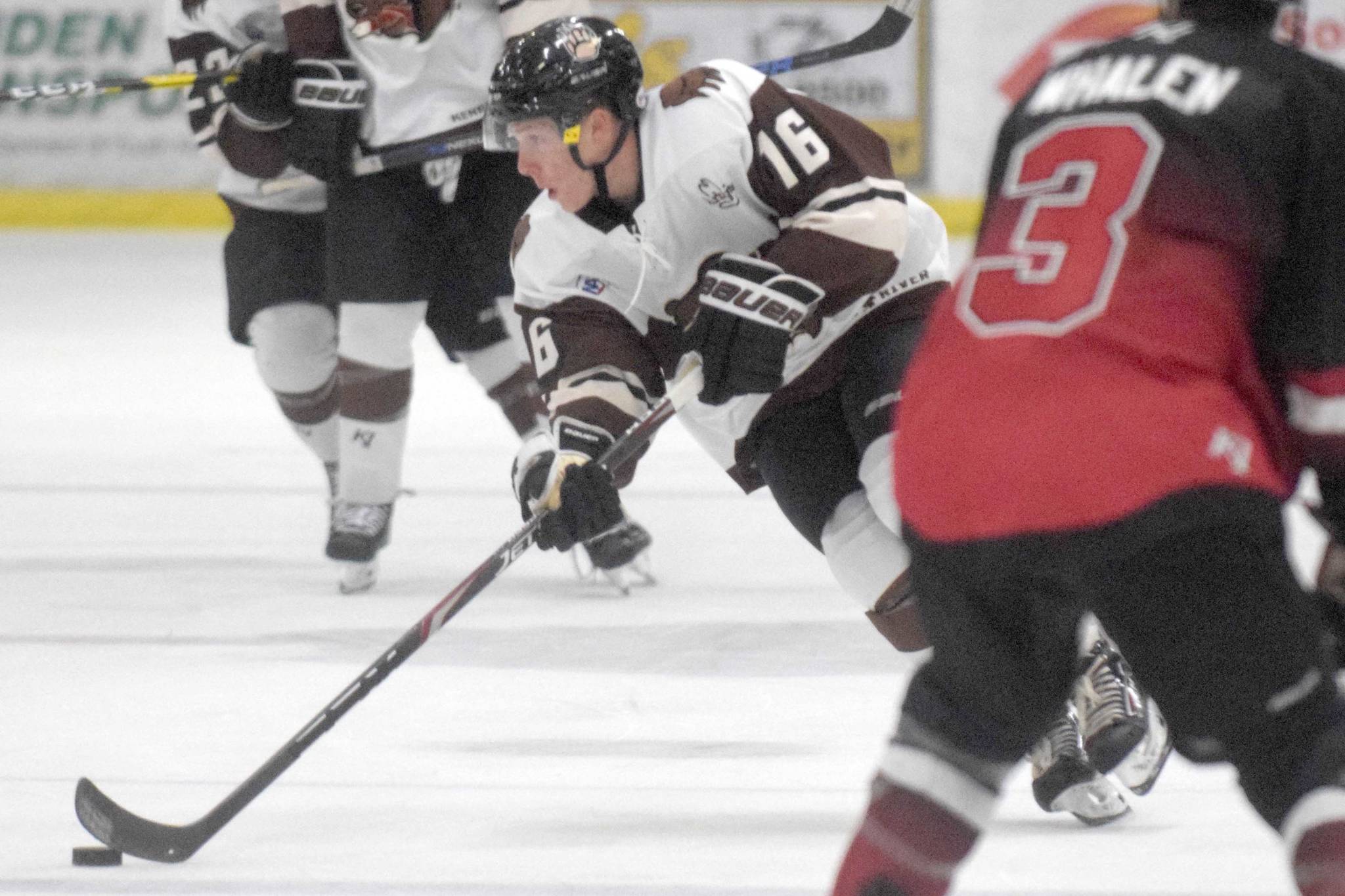 Kenai River Brown Bears forward Theo Thrun brings the puck up the ice on Friday, Oct. 18, 2019, against the Minnesota Magicians at the Soldotna Regional Sports Complex in Soldotna, Alaska. (Photo by Jeff Helminiak/Peninsula Clarion)