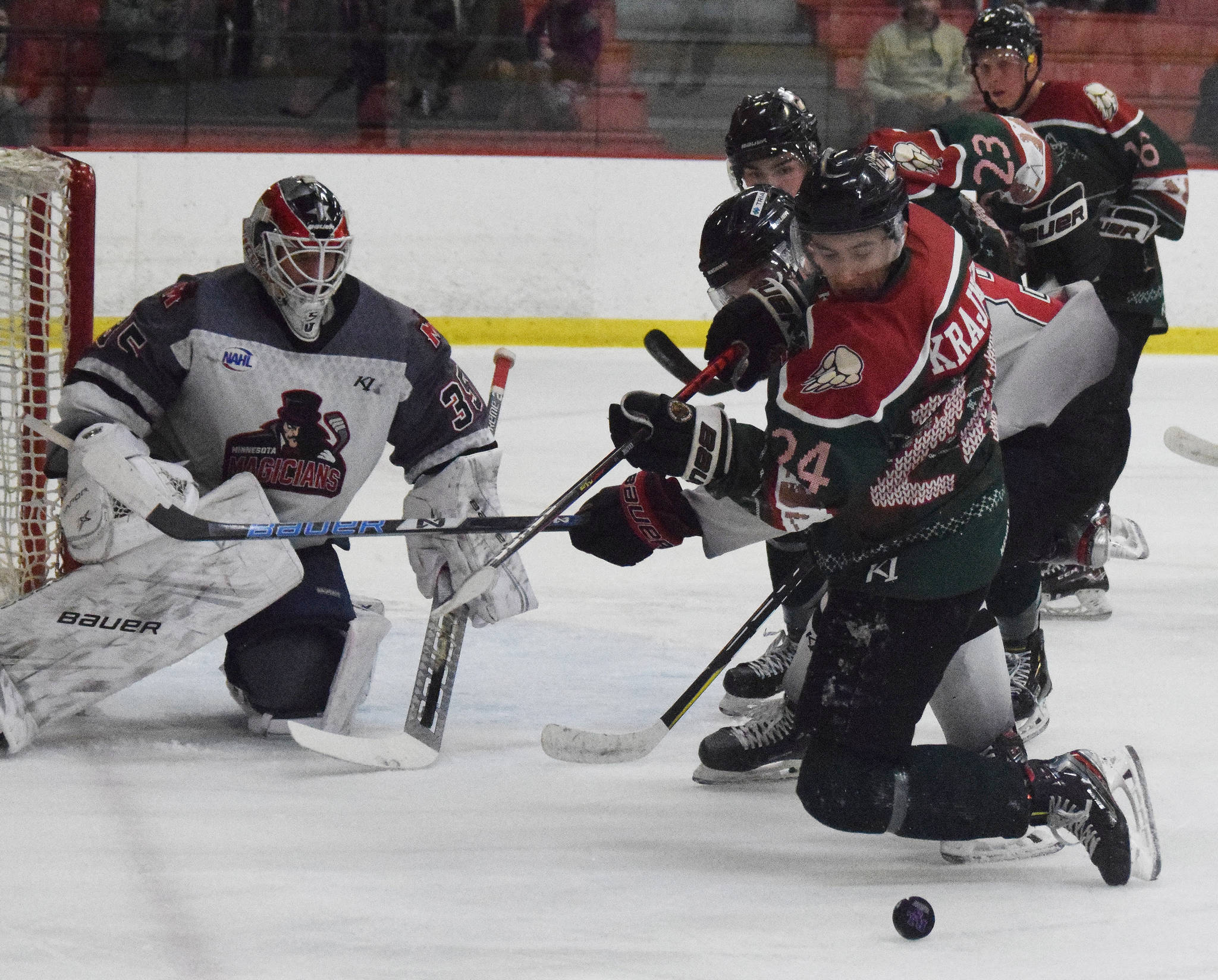 Kenai River’s Zach Krajnik makes a play in front of the net Friday, Nov. 29, 2019, at the Soldotna Regional Sports Complex in Soldotna, Alaska. (Photo by Joey Klecka/Peninsula Clarion)