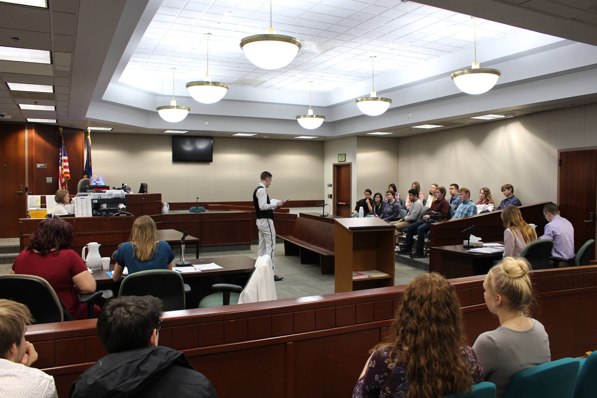 Students from Nikiski/Middle High School participate in a mock trial at the Kenai Courthouse on Dec. 3, 2019. (Photo by Brian Mazurek/Peninsula Clarion)