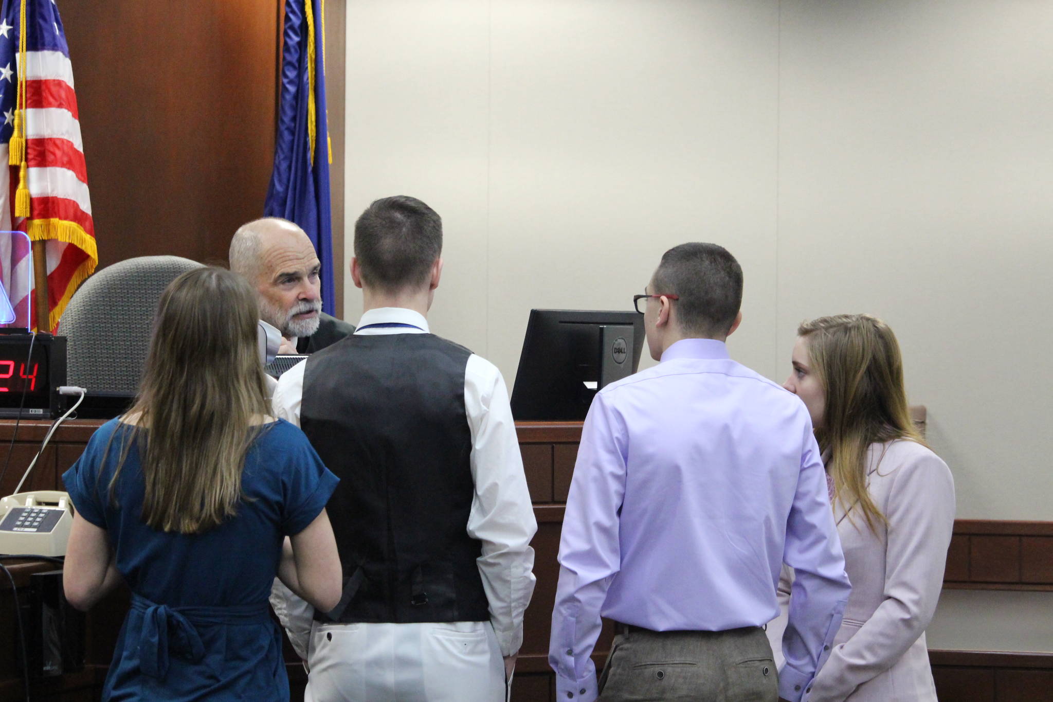 Peter Ehrhardt in his role as the judge counsels the defense attorneys and prosecutors during a mock trial at the Kenai Courthouse on Dec. 3, 2019. (Photo by Brian Mazurek/Peninsula Clarion)