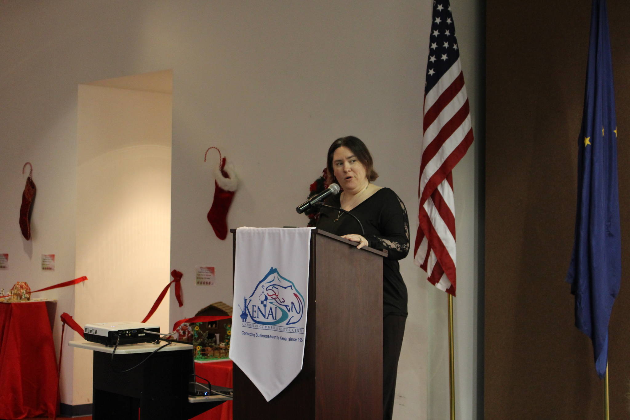 Project Homeless Connect Publicity Chair Jodi Stuart gives a presentation to the Kenai and Soldotna Chambers of Commerce at the Kenai Visitor and Cultural Center in Kenai, Alaska on Dec. 4, 2019. (Photo by Brian Mazurek/Peninsula Clarion)