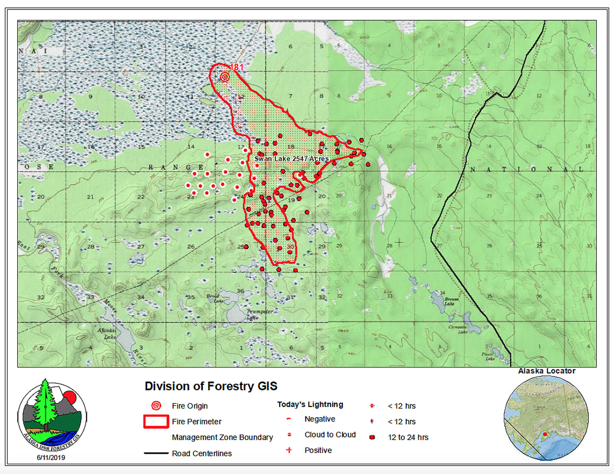 Landsat 8 data showing the head (SE Corner) of the Swan Lake Fire on June 8, 2019. (Photo provided by John Morton)