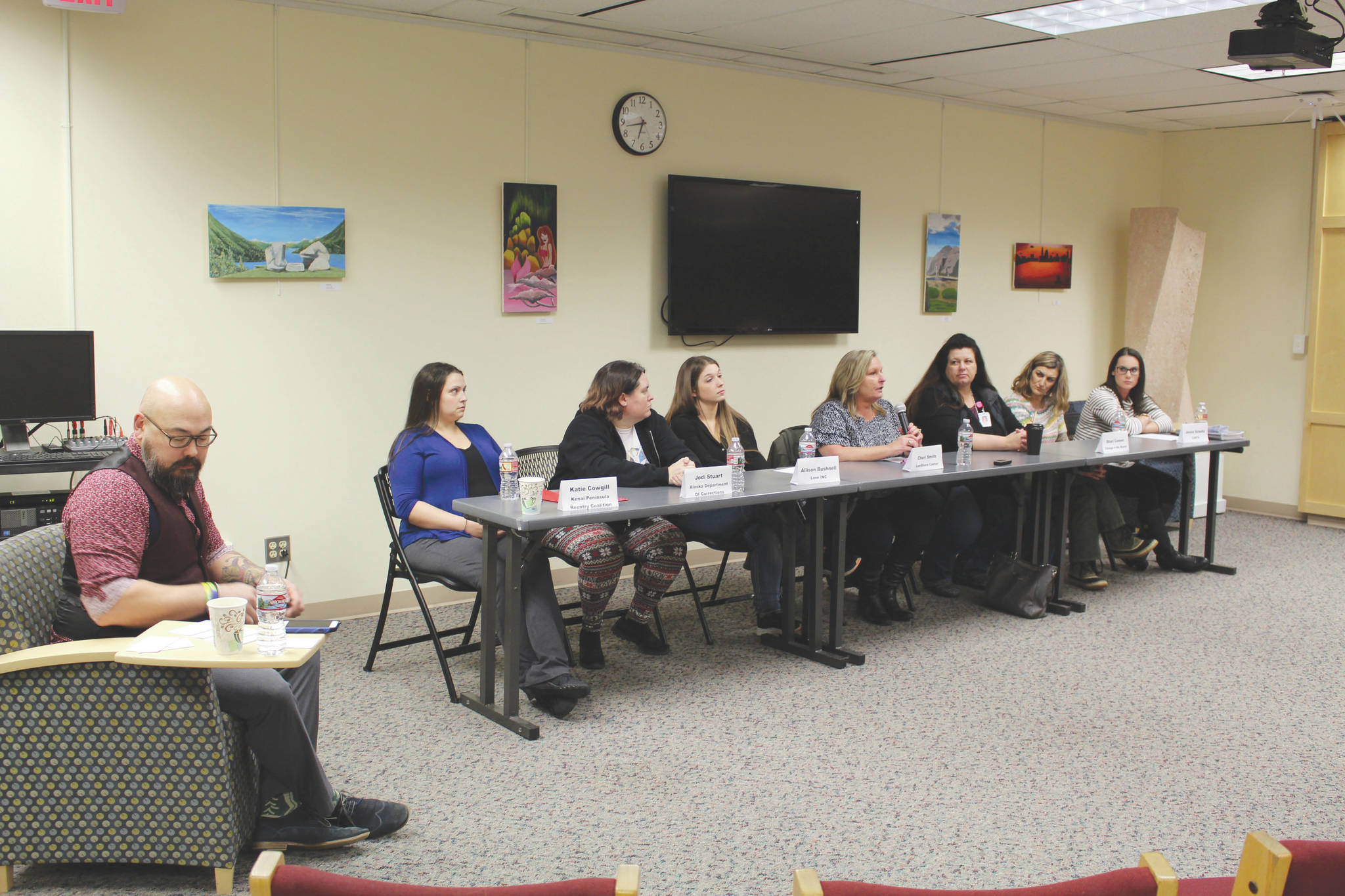 Representatives from local nonprofits and government agencies participate in a community panel on Restorative Reentry at the Kenai Peninsula College on Thursday. (Photo by Brian Mazurek)