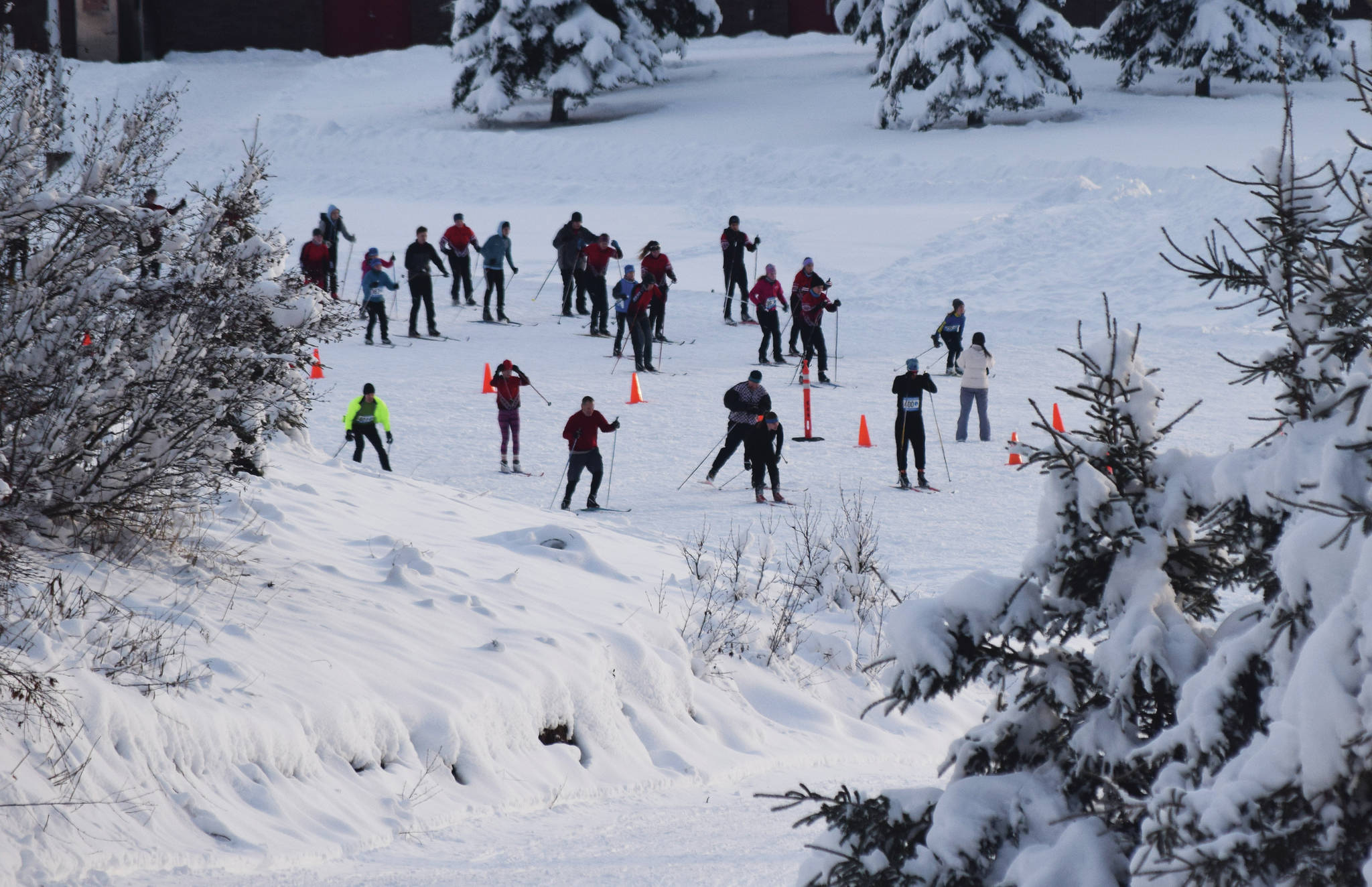 A field of skiers take off for a pair of races Saturday, Dec. 7, 2019, at the Black Stone Axe Ridge Warm Up Rally at the Tsalteshi Trails in Soldotna, Alaska. (Photo by Joey Klecka/Peninsula Clarion)