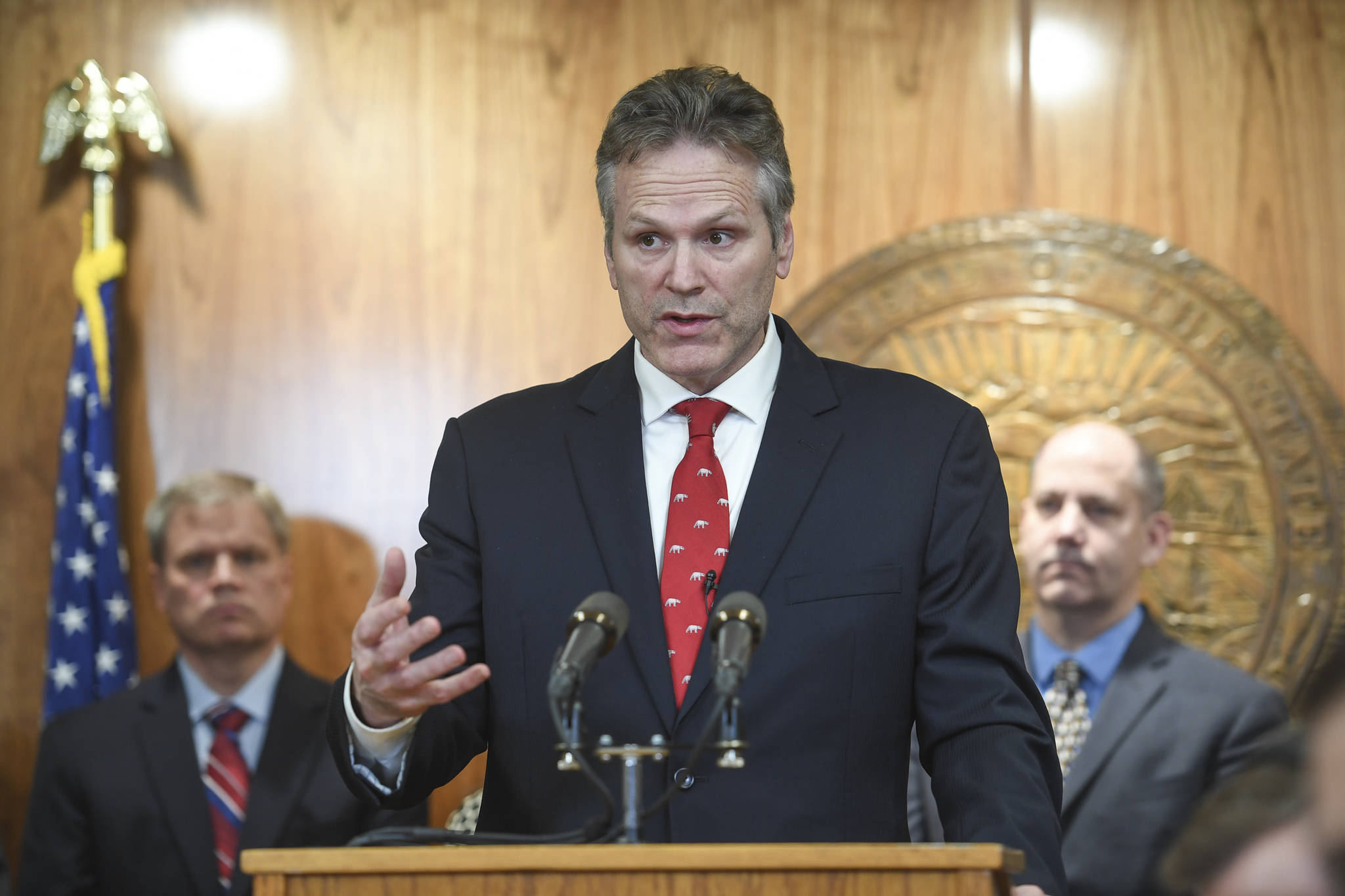 Alaska Gov. Mike Dunleavy announces his state budget during a press conference at the Capitol in Juneau, Alaska, on Wednesday, Dec. 11, 2019. (Michael Penn/Juneau Empire via AP)