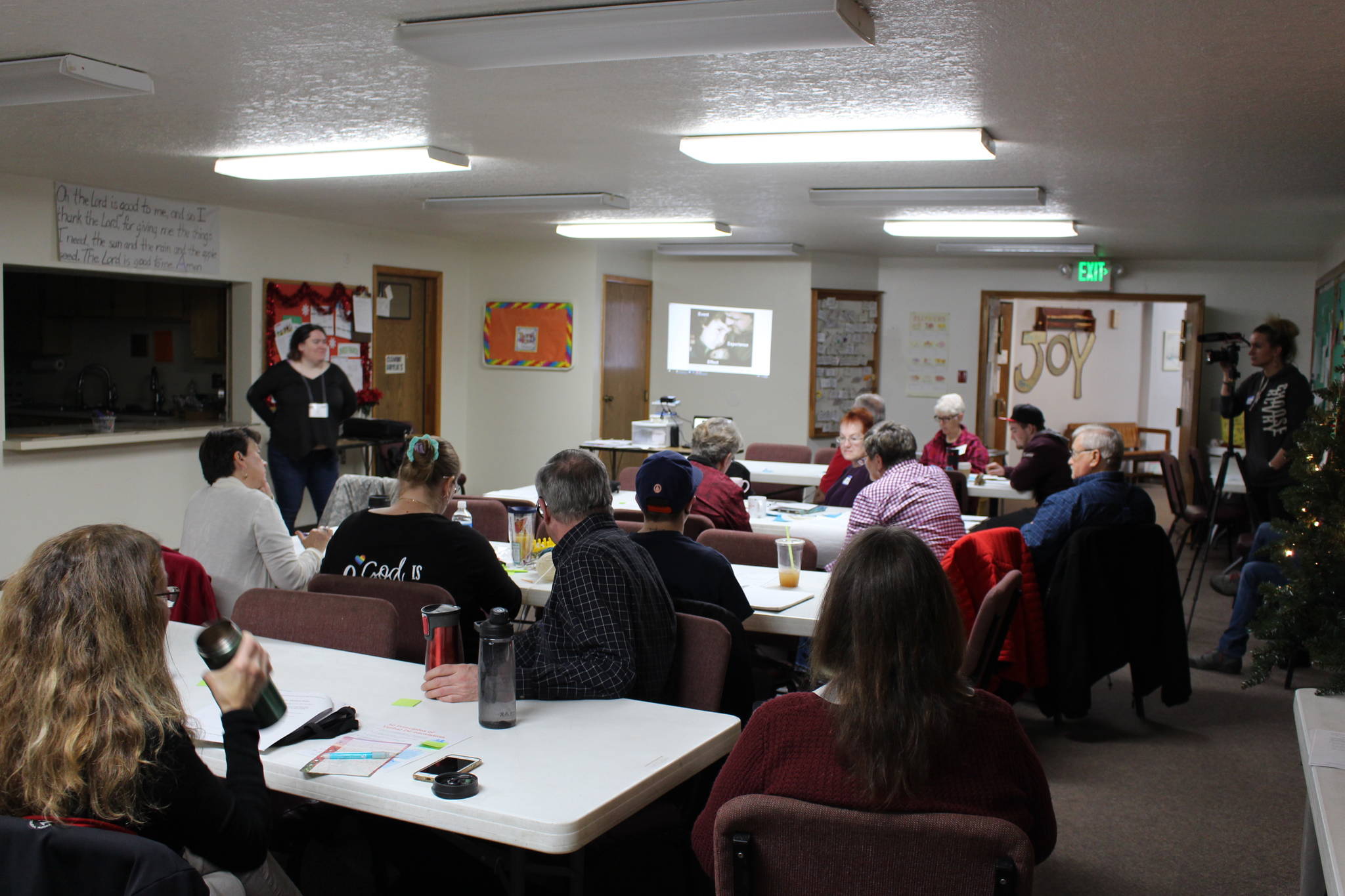 Volunteers for the Kenai Peninsula emergency cold-weather shelter participate in a training session on trauma-informed care at Soldotna United Methodist Church in Soldotna, Alaska, on Dec. 14, 2019. (Photo by Brian Mazurek/Peninsula Clarion)