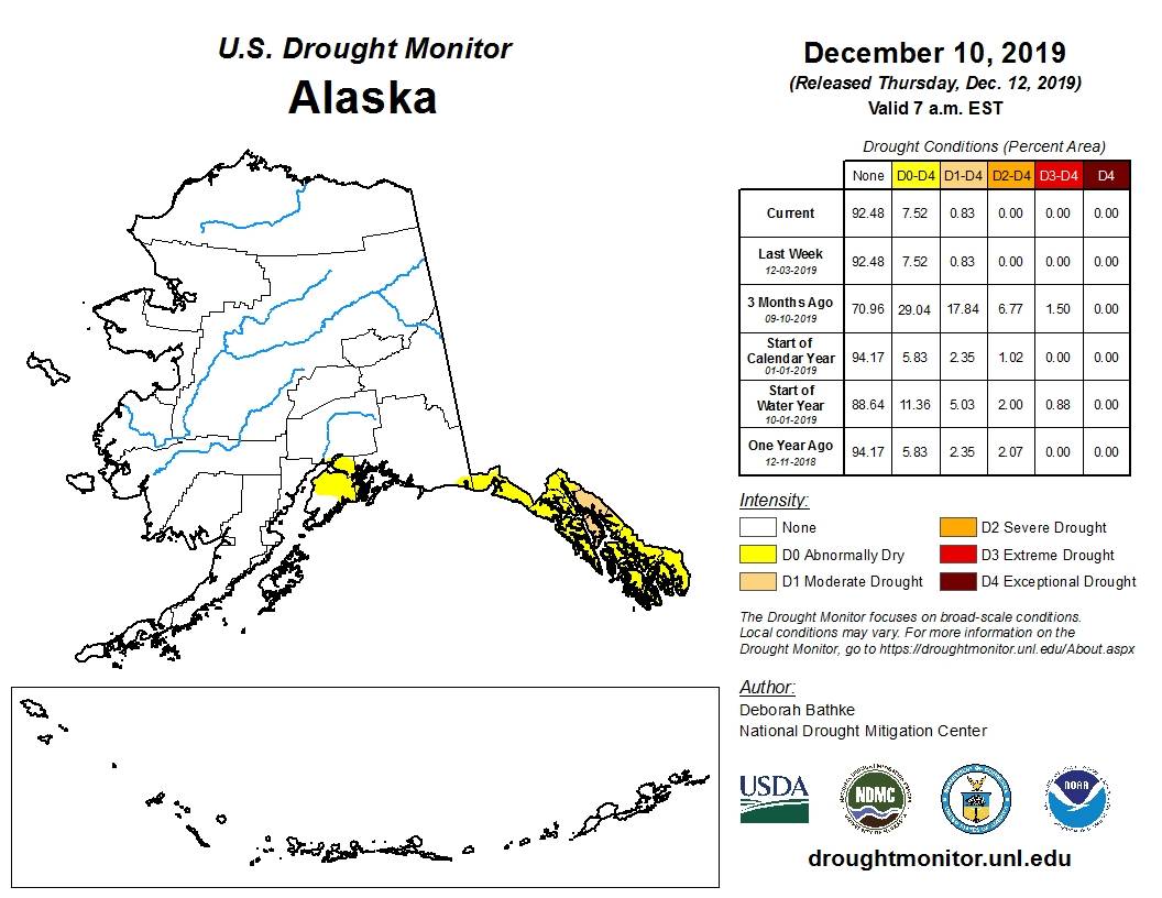 The U.S. Drought Monitor conditions for Alaska can be seen in this Dec. 10, 2019 map. (Image courtesy U.S. Drought Monitor)