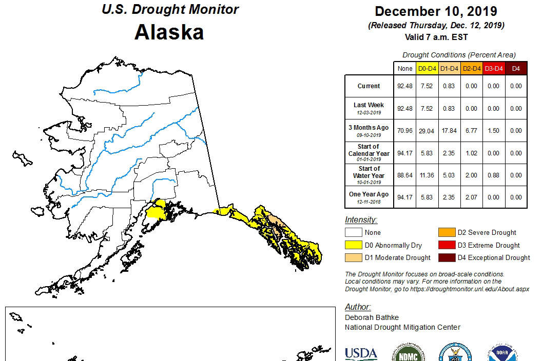 The U.S. Drought Monitor conditions for Alaska can be seen in this Dec. 10, 2019 map. (Image courtesy U.S. Drought Monitor)